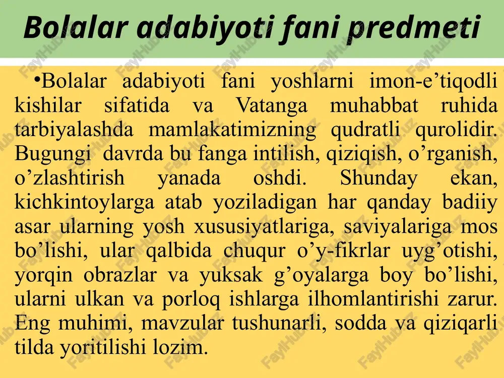 r kitobxonligi ko‘rinishlarini oydinlashtirish bundagi muhim hodisalardan. bolalar adabiyoti 3 qismga bo’linadi: 1) maktabgacha tarbiya yoshidagi (3-6 yosh) bolalarga mo‘ljallangan adabiyot; 2) maktab yoshidagi kichik bolalar uchun yaratilgan asarlar (7-12 yoshlilar); 3) o‘rta va katta yoshdagi bolalar (13-18 yoshdagilar)ga mo‘ljallangan adabiyot. o‘zbek bolalar aadbiyotining shakllanishi va taraqqiyotida abdulla avloniy, hamza, elbek, g‘.g‘ulom, oybek, h.olimjon, g‘ayratiy, zafar diyor, po‘lat mo‘min, quddus muhammadiy, yoqubjon shukurov, qudrat hikmat, asqad muxtor, xudoyberdi to‘xtaboyev, latif mahmudov, tursunboy adashboyev, anvar obidjon va hamza imomberdiyev kabi adiblarning hissalari kattadir. jamiyatimiz kelajagi bo‘lmish bolalarning bilimli, odobli, vatanga sadoqatli, ota-ona oldida burchdor, o‘z davrining faol fu qa royem bo‘lib ulg‘ayishini ta’minlashda bolalar adabiyotining roli beqiyosdir shunga ko’ra bolalar kitobxonligini o’quvchilarning pedagogik-psixologik xususiyatlariga ko’ra quyidagicha guruhlarga ajratish mumkin: 1 maktabgacha tarbiya yoshidagi bolalar kitobxonligi (2 yoshdan 7 yoshgacha). 2 3 maktab yoshidagi kichik bolalar kitobxonligi (7 yoshdan 11 — 12 yoshgacha). o’rta va katta yoshdagi bolalar kitobxonligi (13— 14 yoshdan …