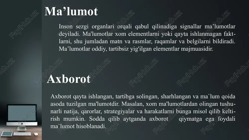 lar – fan va texnikaning turli sohalariga oid masalalarni yechishga hamda tarmoqdagi komp'yuterlarga o‘z resurslarini taqdim etishga mo‘ljallangan komp'yuterlar. ularning amal bajarish tezligi va xotira hajmi shaxsiy komp'yuterlarnikiga qaraganda ancha yuqori hisoblanadi. server kompyuterlar super kompyuterlar (top 500 kompyuterlar)-juda katta tezlikni talab qiladigan va katta hajmdagi masalalarni yechish uchun mo`ljallangan bo`ladi. bunday masalalar sifatida ob-havoning global prognoziga oid masalalarni, uch o`lchovli fazoda turli oqimlarning kechishini o`rganish masalalari, global informatsion sistemalar va hokazolarni keltirish mumkin. bu kompyuterlar bir sekundda 10 trillionlab amal bajaradi. super kompyuterlar kiritish qurilmalari standart klaviatura bilan multiklaviaturaning farqi multiklaviaturada qo’shimcha tugmalar mavjudligidir (ovoz tugmasi, kalkulyator chaqirish tugmasi, internet va e-mail kabilar mavjud). klaviatura – komyuter va komp'yuter xotirasiga ma'lumotlarni kiritishga xizmat qiluvchi qurilma. standart klaviaturalar 101 yoki 102 tugmadan iborat bo’lib, undan tashqari hozirda chiqayotgan multiklaviaturalar ham bor. chiqarish qurilmalari raqamli signallar (0 va 1) videokarta orqali video signallarga aylantirilib, monitor orqali odamlar tushunadigan ko‘rinishda namoyon bo‘ladi. …