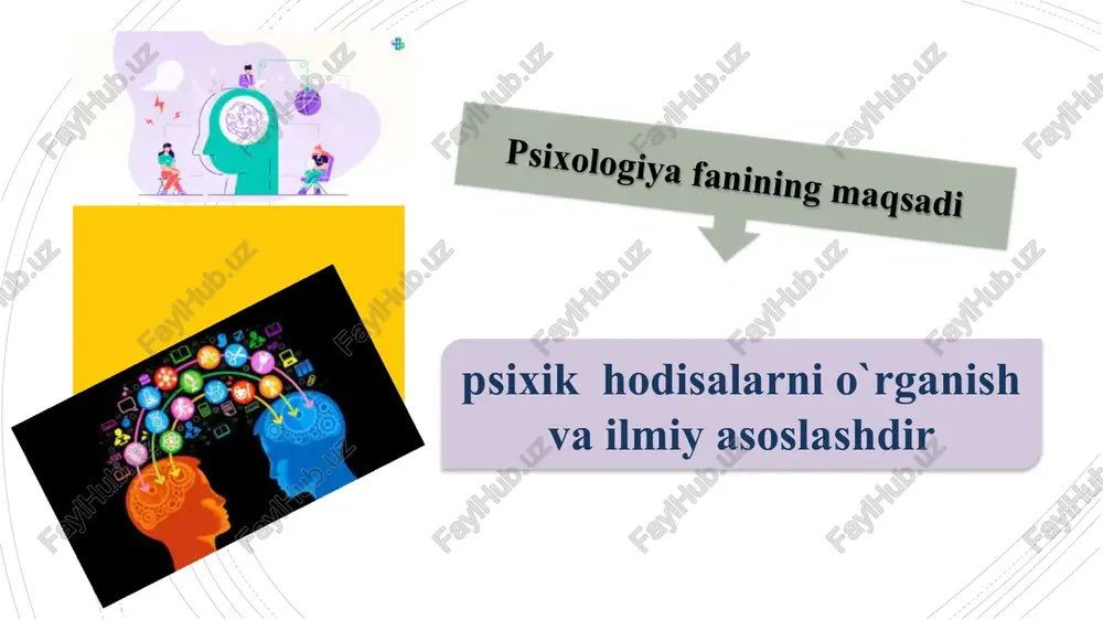 atlarini oʼrganuvchi sohalar a) yosh psixologiyasi - inson shaxsining psixologik xususiyatlari va bilish jarayonlarining ontogenezda rivojlanishini oʼrganadi. yosh psixologiyasi bolalar psixologiyasi, oʼsmirlar psixologiyasi, kattalar psixologiyasi, gerontopsixologiya kabi tarmoqlarga boʼlinadi b) patopsixologiya - miya faoliyati buzilishlari natijasida kelib chiqadigan turli shakldagi ruhiy rivojlanishdan chetlanishni oʼrganadi inson va jamiyat oʼrtasidagi munosabatlarning psixologik tomonlarini oʼrganuvchi psixologiya sohalari ijtimoiy psixologiya differensial psixologiya uyushgan va uyushmagan ijtimoiy guruhlardagi shaxslararo oʼzaro tasir jarayonida paydo boʼladigan psixologik hodisalarni oʼrganadi shaxs shakllanishining individual psixologik yoʼnaltirilganligi kabi xususiyatlarni oʼrganadi din psixologiyasi etnopsixologiya inson ongiga diniy qarashlarning tasiri masalalarini oʼrganadi inson psixologiyasining etnik xususiyatlari, milliy xarakter, milliy tuygʼu, milliy gʼoya, oʼz-oʼzini anglash, etnik stereotip, ularning qonuniyatlari va vujudga kelish xususiyatlarini oʼrganadi metodologiya metodlar – psixologiyani o’rganish usullari va yo’llari yig’indisi, «metod» bu bilish, anglash yo’li bo’lib, bu usul orqali fanning predmeti aniqlanadi (s.l.rubinshteyn). empirik metodlar guruhi oʼz navbatida ikkiga boʼlinadi asosiy metodlar yordamchi metodlar eksperiment so’rovnoma suhbat sotsiometriya test faoliyat …