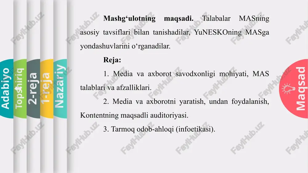 inson deganda nimani tushunasiz? medialardan foydalanish uchun qanday bilim, ko‘nikma va malakalarga ega bo‘lish lozim? oilaviy tadbirkorlik masalasiga bag‘ishlangan tahliliy material tayyorlash zarur. maqsad nazariy 1-reja 2-reja topshiriq adabiyot nazorat uchun savol va topshiriqlar: 1-mashq. internet asrida jurnalistlarning kasbi haqidagi tasavvurlari qanday o‘zgargan? jurnalistlar o‘rtasida bilim va axborot almashinuvi modelini ijtimoiy medialar qanday o‘zgartirdi? 2-mashq. ijodiy materialni rag‘batlantiruvchi ijtimoiy tarmoqlardan foydalanish strategiyasini ishlab chiqing. jurnalist kasbiy maqsadlarda qanday xavflar bilan to‘qnashishi mumkin? xavflarni aniqlang va ularni bartaraf etish yo‘llarini ko‘rsating. 3-mashq. siz foydalanadigan ijtimoiy tarmoq yoki dasturiy ta’minot provayderini tanlang. konfidensiallikni sozlash qurilmasi bilan tajriba o‘tkazing. “foydalanish shartlari”da “konfidensiallik” va “xavfsizlik” atamalarini toping. nima sababdan aksariyat foydalanuvchilar maksimal xavfsiz darajadagi konfidensiallik parametrini o‘rnatishni istamaydi? maqsad nazariy 1-reja 2-reja topshiriq adabiyot adabiyotlar: 1. media and information literacy in higher education. educating the educators. edited by siri ingvaldsen and dianne oberg. 2017. 165 p. 2. understanding media and information literacy (mil) in …