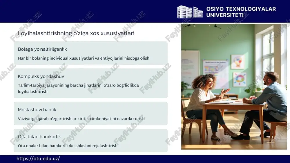 koniyatini berish 21 bolalar estetik tarbiyasi 1 san'at bilan tanishtirish bolalarni turli san'at turlari bilan tanishtirish va ularning go'zalligini his qilishga o'rgatish 2 ijodiy faoliyat bolalarga o'z ijodiy qobiliyatlarini namoyon etish imkoniyatini berish 3 tabiat go'zalligini anglash bolalarni tabiatning go'zalligini ko'ra bilish va qadrlashga o'rgatish 4 madaniy tadbirlar bolalarni turli madaniy tadbirlarga jalb etish orqali estetik didni shakllantirish 22 bolalar mehnat tarbiyasi o'z-o'ziga xizmat bolalarni o'z-o'ziga xizmat qilishga o'rgatish xo'jalik-maishiy mehnat bolalarni oddiy xo'jalik ishlariga jalb etish tabiatda mehnat o'simliklar va hayvonlarni parvarish qilishni o'rgatish qo'l mehnati turli materiallardan buyumlar yasashni o'rgatish 23 bolalar vatanparvarlik tarbiyasi milliy qadriyatlar bolalarni milliy an'analar va qadriyatlar bilan tanishtirish vatanga muhabbat bolalarda o'z vataniga nisbatan muhabbat va hurmat tuyg'ularini shakllantirish tarixni o'rganish bolalarni o'z xalqining tarixi bilan sodda tarzda tanishtirish fuqarolik tuyg'usi bolalarda fuqarolik mas'uliyati va burchini shakllantirish 24 oila bilan hamkorlik ma'lumot berish ota-onalarni bolaning rivojlanishi va yutuqlari haqida xabardor qilish maslahat berish …