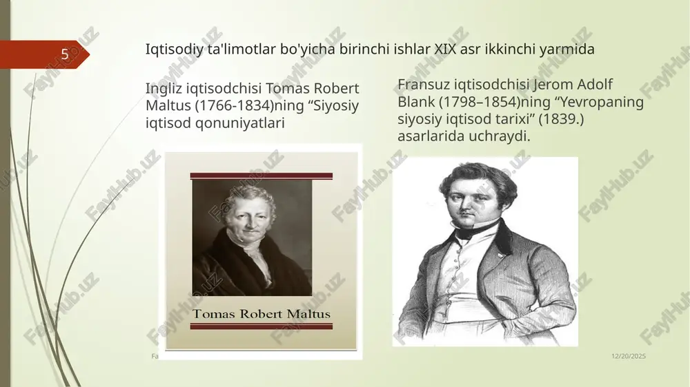 imotlar tarixi 1.4. iqtisodiy ta’limotlar tarixi fanining predmeti va o‘rganish usullari 2/27/2024 16 “iqtisodiy ta’limotlar tarixi” fanning predmeti – bu shakllanish, rivojlanish jarayoni, iqtisodiyot, fan, texnika va ijtimoiy sohada insoniyat rivojlanishining turli bosqichlarda iqtisodiy qarashlarning kurashi va almashinuvidir. “iqtisodiy ta’limotlar tarixi” fanining o‘rganish predmeti – iqtisodiy jarayonlarga bo‘lgan iqtisodiy qarashlar evolyutsiyasi, iqtisodiy g‘oya va nazariyalarning shakllanish, rivojlanish qonuniyatlari va ularning almashinuvining tarixiy jarayoni hisoblanadi. iqtisodiy ta’limotlarning vujudga kelishi va rivojlanishi tahlili yozuv ixtiro qilingan quldorlik davridan boshlab ijtimoiy taraqqiyotning barcha tarixiy jarayonlarini, barcha tarixiy davrlarni o‘z ichiga oladi. fan: iqtisodiy ta'limotlar tarixi iqtisodiy ta’limotlar tarixi fani bir qator maqsadlarga tayanadi: 2/27/2024 17 iqtisodiy nazariyasining qonuniyatlari va xususiyatlarini anglash; shu fan yuzasidan bilimlarni kengaytirish; turli davrlarda yashab ijod etgan iqtisodchilar va ularni qarashlari bilan tanishish; jahon va milliy iqtisodiyotning rivojlanishi asosida yuzaga kelgan qonuniyatlar bo‘yicha bilimlarning amalda qo‘llanish jarayonini o‘rganish; iqtisodiy madaniyatni oshirish. fan: iqtisodiy ta'limotlar tarixi “iqtisodiy ta’limotlar tarixi” fanining …