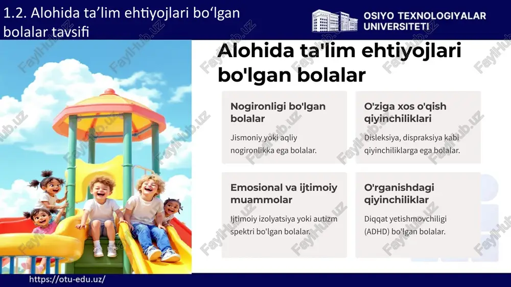 unesko tamoyillari "inklyuziv ta'limni rivojlantirish strategiyasi". milliy ta'lim dasturlari "barcha uchun ta'lim" konsepsiyasi va boshqa dasturlar. 1.7.inklyuziv ta’lim tamoyillari 24 inklyuziv ta'limning ahamiyati ijtimoiy foyda jamiyatda tenglik, hurmat va hamjihatlikni rivojlantiradi. barcha bolalarni jamiyatga integratsiya qilishga yordam beradi. shaxsiy rivojlanish har bir bolaning o'z salohiyatini to'liq ochishiga imkon yaratadi. individual ehtiyojlarga moslashtirilgan ta'lim orqali rivojlanishni ta'minlaydi. 1.7.inklyuziv ta’lim tamoyillari 25 inklyuziv ta'lim - kelajak sari yo'l barqaror jamiyat inklyuziv ta'lim orqali barqaror va adolatli jamiyat quriladi. innovatsion yondashuv ta'lim tizimini zamonaviylashtirish va takomillashtirishga olib keladi. kelajak avlod barchaga teng imkoniyatlar yaratish orqali kelajak avlodni shakllantiradi. 1.7.inklyuziv ta’lim tamoyillari 26 nazorat uchun savollar 1. inklyuziv ta’limning jamiyatda qanday ijtimoiy ahamiyati bor? 2. alohida ta’lim ehtiyojlari bo‘lgan bolalar kimlar va ularning xususiyatlari qanday? 3. alohida ta’lim ehtiyojlari bo‘lgan bolalar uchun ta’lim jarayonining qanday maxsus xususiyatlari bo‘lishi kerak? 4. inklyuziv ta’limni amalga oshirishda qanday muammolar yuzaga kelishi mumkin? 5. inklyuziv ta’limda o‘qituvchilar qanday …