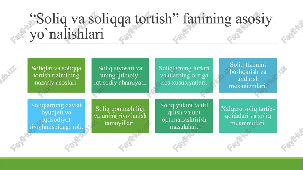 , shu bilan birgalikda soliq stavkasi qo‘llaniladigan ob’ektning miqdoriga ham bog‘liq bo‘ladi. soliqqa tortish birligi - bu ob’ektning o‘lchov birligi. masalan, daromad yoki mol-mulk solig‘ida ob’ektning o‘lchov birligi bo‘lib uning so‘mdagi bahosi ifodalansa, yer solig‘ida o‘lchov birligi bo‘lib kv.m. yoki gektar hisoblanadi soliqlarni to‘lash muddatlari. soliq qonunchiligida har bir soliq turining byudjetga to‘lash muddatlari belgilangan. soliqni to‘lash muddatlari deganda soliq to‘lovchilarning davlat byudjeti oldida soliq majburiyatlarining bajarish muddati ifodalanadi. soliqni to‘lash muddatlari o‘z mohiyatiga ko‘ra ikki xil ko‘rinishga ega: avans (bo‘nak) to‘lovlari va haqiqiy daromad olinganidan keyingi to‘lovlar. soliqqa tortish usullari uch xil ko‘rinishda amalga oshirilib. ular quyidagilarga: soliqqa tortishning kadastrli, deklaratsiya va manba oldidan soliqqa tortish usullariga ajratiladi. soliq elementlari soliqqa tortish usullari uch xil ko‘rinishda amalga oshirilib. ular quyidagilarga: soliqqa tortishning kadastrli, deklaratsiya va manba oldidan soliqqa tortish usullariga ajratiladi. soliq stavkasi - ob’ektning har bir birligi uchun davlat tomonidan belgilab qo‘yilgan me’yordir soliq yuki - soliq to‘lovchining …