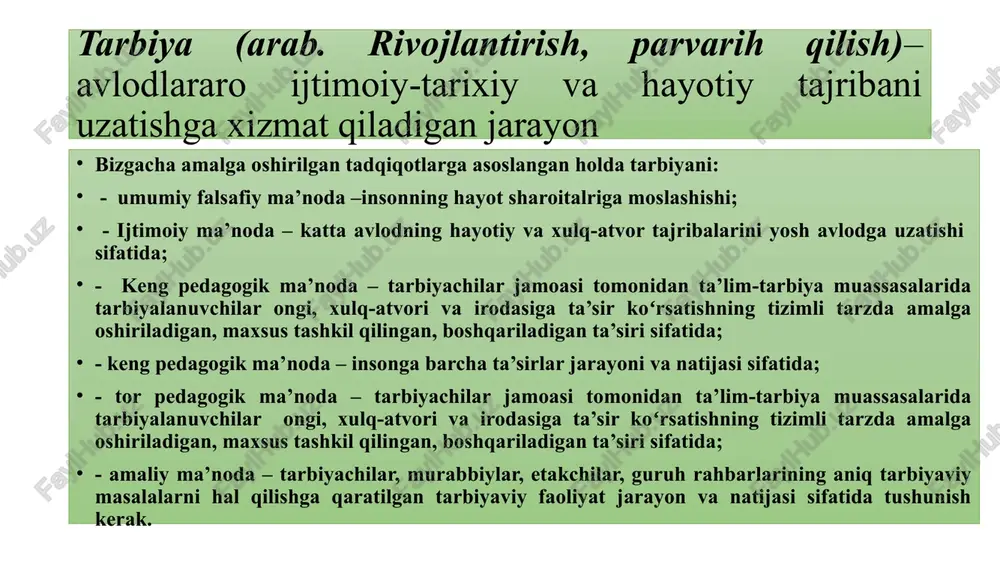 arorlikni saqlash, ekologik muammolar yechimini izlash, yadroviy qurollar poygasini toʻxtatish, turli xalqaro xavflarni oldini olish, turli kasalliklarning oldini olish, tabiatni muhofaza qilish, qashshoqlik va savodsizlikka barham berish, sanoat xomashyosi, energiya manbalarini yaxshilash, koinot va jahon okeani resurslarini oʻzlashtirish va shu kabilar bilan bogʻliq boʻlgan muammolar tashkil etadi. 17 asrda bekon, dekart, gobbs, leybnits kabi faylasuflar bilim qadri oshirilishi haqida gapira boshlaydi. dekart bilim qadri haqida shunday yozadi: “men fikrlayabman, demak men mavjudman”. tayanch tushunchalar: qadriyat – qadr-qimmat ma’nosini anglatib, inson uchun qadrli boʻlgan barcha narsa va hodisalar (predmet va jarayonlar) majmuidir. qadriyat – voqelikdagi muayyan hodisalarning umuminsoniy, ijtimoiy axloqiy, ma’daniy –ma’naviy ahamiyatini koʻrsatish uchun qoʻllaniladigan tushuncha. an’ana – arabcha soʻz boʻlib, uzoq zamondan beri avloddan – avlodga oʻtib davom etib kelayotgan urf – odatlar, axloq mezonlari, qarashlar va shu kabilardir. an’ana– ijtimoiy va madaniy merosdir (zuhra ismoilova) . bu uzoq vaqtlardan beri ajdoddan – avlodga oʻtib kelayotgan va bizgacha yetib …
