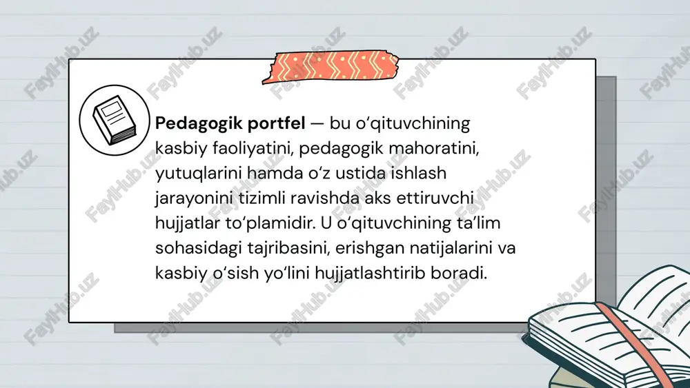 llanadi. motivatsiya funksiyasi pedagogik portfelning rivojlantiruvchi funksiyasi o‘qituvchining kasbiy va shaxsiy o‘sishini ta’minlashga xizmat qiladi. u o‘qituvchini o‘z faoliyatini muntazam tahlil qilish, yangi metod va texnologiyalarni o‘rganishga undaydi. portfel orqali o‘qituvchi o‘zining kuchli va zaif tomonlarini aniqlab, ularni rivojlantirish bo‘yicha aniq yo‘nalish belgilaydi. bu jarayon pedagogik mahoratni, ijodkorlikni va innovatsion yondashuvni kuchaytiradi. natijada o‘qituvchi o‘z ustida ishlaydigan, yangilikka ochiq va zamonaviy talablar darajasida faoliyat yurituvchi mutaxassisga aylanadi. rivojlantiruvchi funksiyasi pedagogik portfelning axborot funksiyasi o‘qituvchining kasbiy faoliyati haqida to‘liq va ishonchli ma’lumot berishga xizmat qiladi. u o‘qituvchining tajribasi, yutuqlari, ilmiy-metodik ishlari va o‘quvchilar bilan erishgan natijalari haqida aniq axborot manbai bo‘lib hisoblanadi. bu funksiyaning ahamiyati shundaki, u rahbariyat, attestatsiya komissiyasi yoki hamkasblar uchun o‘qituvchining faoliyati to‘g‘risida dalillarga asoslangan ma’lumot beradi. portfel ta’lim jarayonida shaffoflikni ta’minlaydi, ilg‘or tajribalarni ommalashtirish imkonini yaratadi. natijada u o‘qituvchi faoliyatining axborot bazasiga aylanadi. axborot funksiyasi pedagogik portfelning tuzilishi o‘qituvchining kasbiy faoliyatini to‘liq, tizimli va izchil tarzda yoritishga …