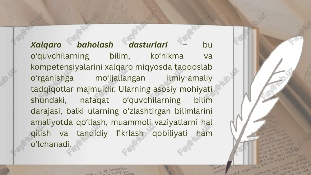 borot bilan ishlash qobiliyatini aniqlash, ularning axborot-kommunikatsiya texnologiyalaridan to‘g‘ri va xavfsiz foydalanish salohiyatini baholashdir. shuningdek, tadqiqot davomida o‘qituvchilar ham so‘rovnomalar orqali o‘zlarining dars jarayonida aktdan foydalanish tajribasi, malakasi va o‘qitish metodikasi haqida ma’lumot beradilar. maktab rahbarlari esa ta’lim muassasasining texnik bazasi, o‘qituvchilarga yaratilgan sharoitlar to‘g‘risida axborot taqdim etadilar. icils dasturi ta’lim tizimi uchun nihoyatda muhim ahamiyatga ega. u raqamli asr talablariga javob beruvchi bilim, ko‘nikma va kompetensiyalarni aniqlashga, o‘qituvchilarning raqamli savodxonlik darajasini baholashga hamda ta’lim tizimini modernizatsiya qilishga xizmat qiladi. tadqiqot natijalari asosida mamlakatlar o‘z ta’lim siyosatini takomillashtirib, raqamli tafakkur, mustaqil fikrlash va axborot madaniyatini rivojlantirish yo‘nalishida muhim choralar ko‘radilar. shu bois icils dasturi kelajak avlodni raqamli dunyoga tayyorlashda katta o‘rin tutadi. xalqaro baholash dasturlari — bu ta’lim sifatini xalqaro miqyosda solishtirish, o‘quvchilarning bilim, ko‘nikma va kompetensiyalarini baholashga qaratilgan tizimlardir. bunday dasturlar (masalan, pisa, timss, pirls, icils va boshqalar) ta’lim tizimining kuchli va zaif tomonlarini aniqlash, o‘qitish uslublarini takomillashtirish hamda …