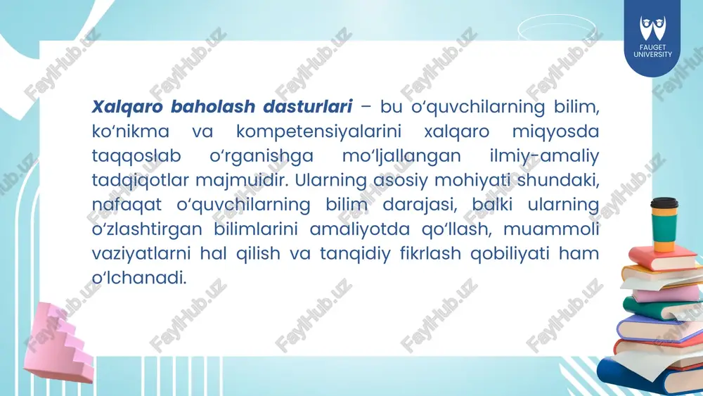 ng kompyuter va axborot texnologiyalaridan foydalanish bo‘yicha savodxonlik darajasini baholovchi xalqaro tadqiqot dasturidir. ushbu dastur xalqaro ta’lim yutuqlarini baholash assotsiatsiyasi (iea) tomonidan tashkil etiladi va har to‘rt yilda bir marotaba o‘tkaziladi. dasturda asosan 8-sinf o‘quvchilari ishtirok etadilar. ular kompyuterda test topshiriqlarini bajarish orqali axborotni izlash, tahlil qilish, saralash, saqlash, taqdim etish va undan samarali foydalanish ko‘nikmalarini namoyish etadilar. icils dasturining asosiy maqsadi — o‘quvchilarning raqamli axborot bilan ishlash qobiliyatini aniqlash, ularning axborot-kommunikatsiya texnologiyalaridan to‘g‘ri va xavfsiz foydalanish salohiyatini baholashdir. shuningdek, tadqiqot davomida o‘qituvchilar ham so‘rovnomalar orqali o‘zlarining dars jarayonida aktdan foydalanish tajribasi, malakasi va o‘qitish metodikasi haqida ma’lumot beradilar. maktab rahbarlari esa ta’lim muassasasining texnik bazasi, o‘qituvchilarga yaratilgan sharoitlar to‘g‘risida axborot taqdim etadilar. icils dasturi ta’lim tizimi uchun nihoyatda muhim ahamiyatga ega. u raqamli asr talablariga javob beruvchi bilim, ko‘nikma va kompetensiyalarni aniqlashga, o‘qituvchilarning raqamli savodxonlik darajasini baholashga hamda ta’lim tizimini modernizatsiya qilishga xizmat qiladi. tadqiqot natijalari asosida mamlakatlar o‘z …