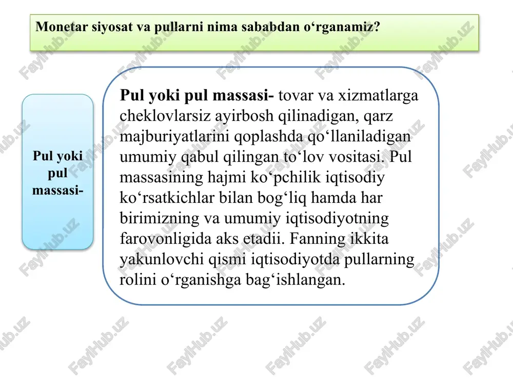 qarish yoki xizmat turini ko‘rsatish uchun zarur xom – ashyo va materiallarni olish maqsadida bir necha xo‘jalik yurituvchi sub‘ektlar bilan iqtisodiy aloqalarni o‘rnatadi, ishlab chiqaruvchi yoki xizmat ko‘rsatish jarayonida ishtirok etayotgan xodimlarning mehnati uchun haq to‘laydi va boshqa qator ishlarni amalga oshiradi. bularning barchasi tomonlar o‘rtasidagi o‘zaro iqtisodiy hamkorlik va manfaatdorlik asosida amalga oshiriladi. mana shu iqtisodiy hamkorlik va manfaatdorlikni amalga oshirishning iqtisodiy mexanizmi sifatida pulning roli alohida ahamiyat kasb etadii. bozor iqtisodiyotining asosiy tamoyillarida biri har qanday faoliyatning asosida iqtisodiy manfaatdorlik yotadi. ishlab chiqaruvchi korxona, tashkilot yoki firma yaratayotgan tovar yoki xizmatlarni shaxsiy iste‘moli uchun emas, balki bozorda sotish orqali tegishli iqtisodiy foyda ko‘rish ilinjida ishlab chiqaradi. bu ishlab chiqaruvchi va iste‘molchilar o‘rtasida tovar – pul munosabatlarini vujudga keltiradi, ushbu munosabatda pul ishlab chiqaruvchi va iste‘molchi o‘ratasida ayirboshlash vositasi sifatida muhim rol o‘ynaydi. 14 jamiyatda tovar – pul munosabatlaridan keyingi vujudga kelgan muhim ijtimoiy – iqtisodiy munosabatlardan biri kredit …