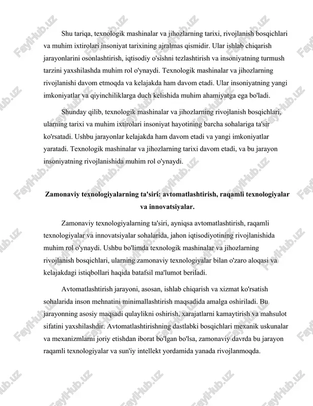 rdamida ishlab chiqarish jarayonlari yanada optimallashtiriladi va avtomatlashtiriladi. masalan, raqamli sensorlar va iot (internet of things) qurilmalari yordamida ishlab chiqarish jarayonini real vaqt rejimida monitoring qilish va boshqarish mumkin. bu esa ishlab chiqarish jarayonida yuzaga keladigan muammolarni tezda aniqlash va bartaraf etish imkonini beradi. innovatsiyalar esa, yangi g'oyalar va texnologiyalarni joriy etish orqali mavjud mahsulot va xizmatlarni takomillashtirishga qaratilgan. innovatsiyalar, asosan, yangi materiallar, yangi ishlab chiqarish usullari va yangi biznes-modellarni o'z ichiga oladi. bunday innovatsiyalar ishlab chiqarish jarayonlarini yanada samarali va barqaror qilishga yordam beradi. masalan, 3d bosib chiqarish texnologiyalari yordamida mahsulotlarni tez va arzon narxlarda ishlab chiqarish mumkin, bu esa ishlab chiqarish jarayonini tubdan o'zgartiradi. zamonaviy texnologiyalar va innovatsiyalarning ta'siri nafaqat ishlab chiqarish jarayonlariga, balki iqtisodiyotning boshqa sohalariga ham keng tarqalgan. masalan, raqamli transformatsiya xizmat ko'rsatish sohalarida ham yangi imkoniyatlar yaratmoqda. banklar va moliya institutlari raqamli to'lov tizimlarini joriy etish orqali mijozlarga qulayliklar taqdim etmoqda. shuningdek, onlayn savdo platformalari …