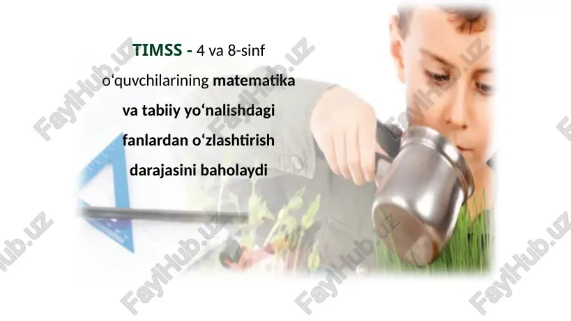 i, tuxum soviydi. d suv ham, tuxum ham iliydi. i9 presentation to joe smith ‹#› 4-sinf mazmun sohasi – fizika mavzu sohasi – energiya shakllari va energiya uzatilishi kognitiv soha – qo‘llash i9 presentation to joe smith ‹#› s n s n id: s031076 rasmda magnit ortilgan ikkita aravacha tasvirlangan. aravachalar bir-biriga yaqinlashtirilib, so‘ngra qo‘yib yuborildi. aravachalar bilan nima sodir bo‘lishini tasvirlab bering. (javobingizni izohlash uchun rasm chizishingiz ham mumkin.) __________________________________________ i9 presentation to joe smith ‹#› 4-sinf mazmun sohasi – yer haqidagi fan mavzu sohasi –yerning fizik xususiyatlari, resurslari kognitiv soha – qo‘llash i9 presentation to joe smith ‹#› sharsharadan tushayotgan daryo suvi katta energiyaga ega. id: s051100 quyidagilarning qaysi biri sharshara energiyasidan olinadi? a issiq suv b quyosh energiyasi c elektr energiyasi d ichimlik suvi i9 presentation to joe smith ‹#› 4-sinf mazmun sohasi – yer haqidagi fan mavzu sohasi – yerning fizik xususiyatlari, resurslari kognitiv soha – …