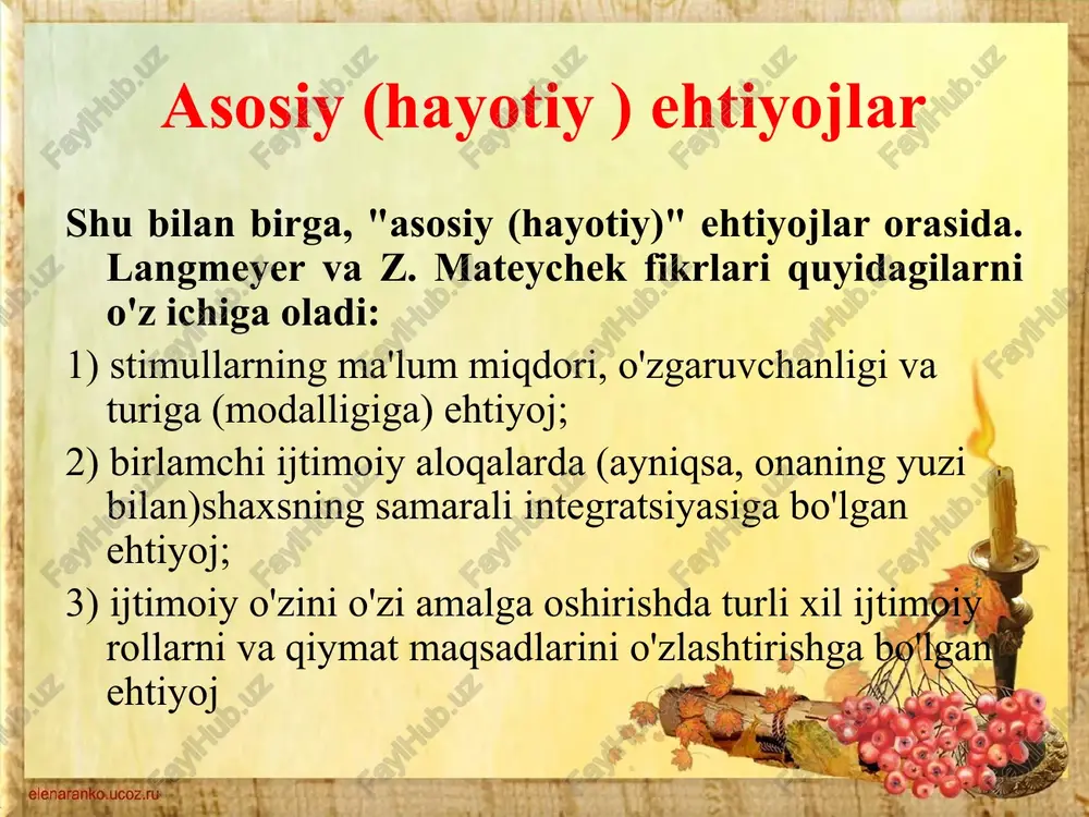nish ritmi buziladi, gipnoz holatlari rivojlanadi. sensorli deprevatsiya sharoitlari qanchalik qiyin bo'lsa, xotira va fikrlash jarayonlari shunchalik tez buziladi, bu esa biror narsaga e'tibor qaratish, muammolarni doimiy ravishda ko'rib chiqishning mumkin emasligida namoyon bo'ladi. oddiy aqliy harakatlarni amalga oshirishda mahsuldorlikni ekstrapolyatsiya qilish funktsiyasining pasayishi kuzatilmoqda. “hissiy ochlik“ning oqibatlari nevrotik holatlar rivojlanadi, ular asabiylashish, ko'z yoshlari, uyqu buzilishi, qo'rquv, depressiya va gallyutsinatsiyalar ko'rinishida namoyon bo'ladi. 8. yolg'izlik-bu hissiy sensor deprevatsiyaning namoyon bo'lish hodisasi. sensor deprevatsiya - (lat. sensus-his qilish, his qilish va deprivation - mahrum qilish) – insonning vizual, eshitish, teginish yoki boshqa sezgilaridan, harakatchanligidan, muloqotidan, hissiy tajribalaridan uzoq, ozmi-ko'pmi to'liq mahrum qilish. yolg'izlikning turlari va holatlari o'z-o'zini begonalashtiradigan yolg'izlik. agar shaxsning aqliy hayotida boshqa odamlar bilan identifikatsiya qilish jarayonlari ustun bo'lsa, unda odamning o'zidan begonalashishi, o'zi bilan aloqani yo'qotish, o'zligini yo'qotish, shaxsiy izolyatsiya qilishning mumkin emasligi, shaxsning aks ettirish qobiliyatini deyarli to'liq yo'qotishi mavjud. yolg'izlikning turlari va holatlari yolg'izlikni begonalashtirish. …