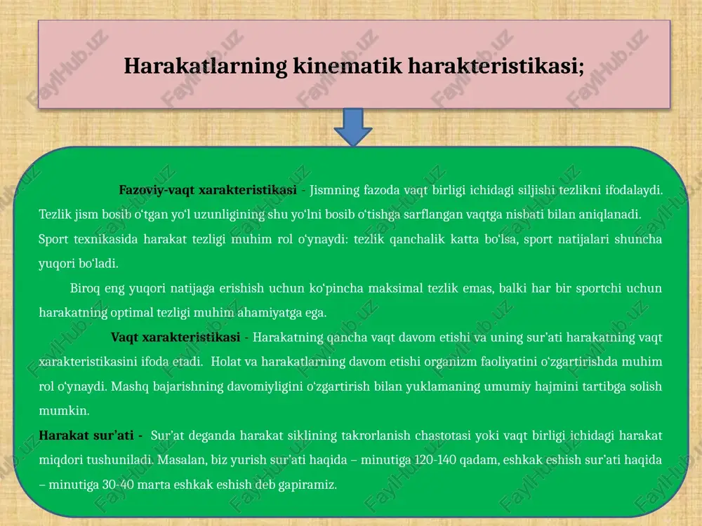 zmi tarkibidagi eng mayda samarali harakat elementlaridir. jismoniy mashqlarning turkumlarga bo’linishi 1). anatomik beligilari bo’yicha 4). mashqlarning tuzulishi va shaklining xususiyatlar (biyomexanik belgilari bo’yicha) 2). jismoniy sifatlarni rivojlantirishga tasir ko’rsatishi bo’yicha 3). tanlangan sport turi xususiyatlari bo’yicha 5). bajariladigan ishlarning quvvati sarfi bo’yicha (fiziologik) ii). tabiatning sog’lomlashtiruvchi kuchlari; jismoniy tarbiyada havo, quyosh nuri va suv tabiatning sog’lomlashtiruvchi kuchlari sifatida keng qo’llaniladi. jismoniy tarbiya jarayonida ochiq havoda yurishlar va mashg’ulotlarni o’tqazish keng qo’llaniladi. gigyenik talablarga mos keladigan suv havzalarida cho’milish esa organizmni to’g’ri jismoniy rivojlanishiga tasir etuvchi asosiy vositalardan biridir. quyosh nuri esa suyaklarimizning rivojlanishi va mustahkamligida shuningdek terining rangiga tasir etuvchi melonin moddasi sinteziga ijobiy tasir eadi. jismoniy tarbiya jarayonida bu vositalardan o’z o’rnida foydalanish talab etiladi. jismoniy tarbiya jarayonida erishilgan chiniqishning samarasi “ko’chuvchan” bo’ladi yani u insonning boshqa faoliyati (asosan mehnat va harbiy xizmat) da nomoyon bo’ladi. gigiyenik omillar jismoniy tarbiyaning asosiy vositasi sifatida shaxsiy gigiyena jamoat gigiyenasi mehnat …