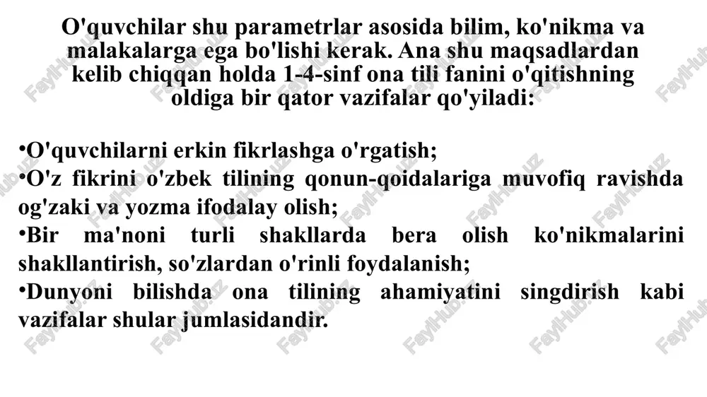 iboratki, o'quvchi, tinglovchi, o'qituvchi esa ma'ruzachi bo'lib qolmasligi kerak. balki o'qituvchi darsni kuzatib tartibga soluvchi rejissyorga aylanmog'i lozim. o'qituvchi darsni shunday tashkil etishi kerakki hamma o'quvchi shu mavzu yuzasidan mustaqil fikr yuritsin, o'z fikrini ayta olsin, kamchiligi bo'lsa o'rtoqlari va o'qituvchi javobidan kelib chiqib to'g'rilay olsin. darsning xarakter xususiyatiga qarab dars interfaol usulda bo'lishiga erishishi lozim. darslarda testlardan va tarqatmali materiallardan foydalanish ham yaxshi natija beradi. ona tili darslariga qo’yilgan asosiy talablar o’quvchining onggida fonetik, grammatik va orfografik tushunchalarni shakllantirish asosiy fonetik va grammatik tushunchalar yordamida imloviy malakalarini shakllantirish. og’zaki va yozma nutq uzviyligi, uyg’unligini ta’minlash, muntazam ravishda mavzuga bog’liq holda yozma nutq ustida ishlash: ijodiy matnning mantiqiy jihatdan to’g’riligini, fikr izchilligini, lug’aviy me’yorini ta’minlash. mashg’ulotlarda turli didaktik vositalardan to’g’ri va unumli foydalanish: ta’limiy o’yinlar izchilligi va xilma-xilligi, qizqarli bo’lishga erishish mavzuni muammoli ravishda yetkazishda turli noan’anaviy usullardan foydalanish, mashqlarning tizimi va optimal variantlariga e’tibor berish. o’quvchilarning fikrlash darajasini o’stirib …