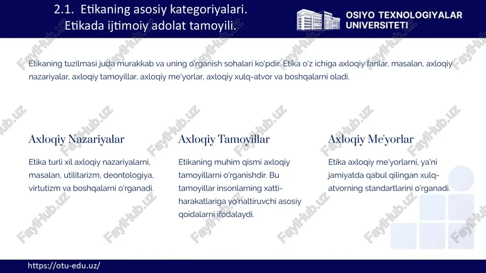 l faoliyat: har bir kasbda halollik va to‘g‘riso‘zlik muhim. kasbga halol munosabatda bo‘lish jamiyatning ishonchini oshiradi. mas'uliyat va ishonchlilik: o‘z kasbiga mas'uliyatli yondashish hamda mijozlar va hamkasblar bilan ishonchli munosabatda bo‘lish. hurmat va axloqiy munosabatlar: kasbiy munosabatlarda hurmat va odob saqlash, hamkasblar va mijozlar bilan samimiy va adolatli bo‘lish. shaxsiy hayot va ish o‘rtasidagi muvozanat: kasbiy va shaxsiy hayotni ajratish, shaxsiy masalalarni ishga olib chiqmaslik. 2.2. kasbiy axloq va mehnat etikasi. ekologik etika. 12 mehnat etikasi: mehnat etikasi – bu ish jarayonida e'tiborga olinadigan axloqiy qoidalar va tamoyillar majmuasi bo‘lib, u har bir insonning mehnatga bo‘lgan yondashuvi va mas'uliyatini belgilaydi.mas'uliyat va javobgarlik: o‘z ishiga va natijalarga mas'uliyatli yondashish. sifat va mehnatsevarlik: ishni eng yaxshi darajada bajarishga intilish, professional rivojlanishga e'tibor berish. tartib-intizom: vaqtni to‘g‘ri taqsimlash, belgilangan qoidalarga rioya qilish. kasbiy axloq va mehnat etikasining ahamiyati: bular ijtimoiy mas'uliyatni oshirish, tashkilotlarda sog'lom ish muhitini yaratish va xizmat ko'rsatish sifatini yaxshilashga yordam …