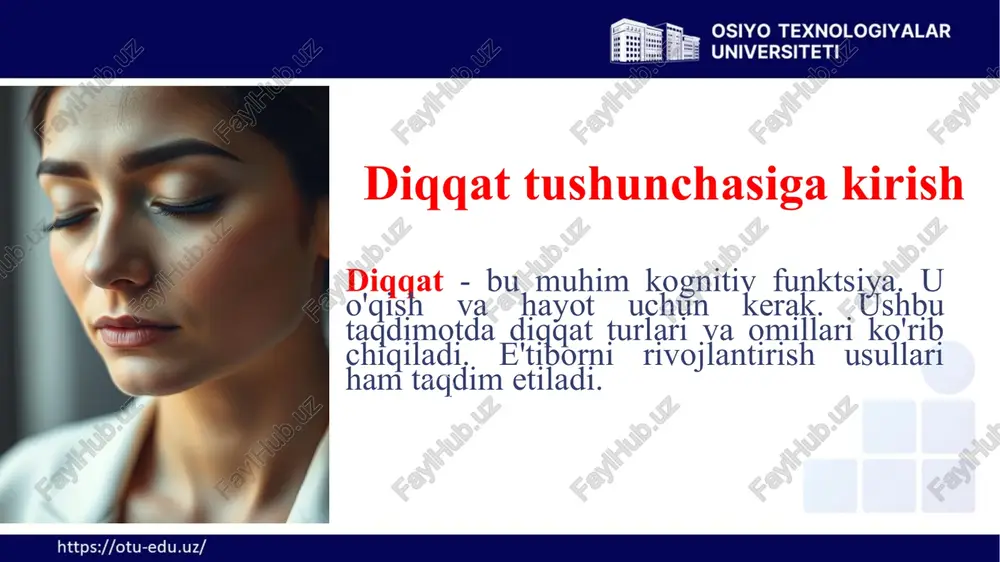 a konsolidatsiya jarayoni. sinaptik o'zgarishlar sinaptik o'zgarishlar va xotira izlari. ta'sir etuvchi omillar uyqu va stressning ta'siri. 31 tiklash: xotiradan ma'lumotni chaqirish 1 tiklash signallari tiklash signallari va ularning roli. 2 kontekst kontekstning tiklashga ta'siri. 3 buzilishlar unutish va noto'g'ri xotiralar. 32 xotirani yaxshilash usullari: amaliy maslahatlar mnemotexnikalar takrorlash sog'lom turmush tarzi miyani mashq qilish xotirani yaxshilash uchun mnemotexnikalardan foydalaning. ma'lumotni takrorlash va interval bilan takrorlash usulini qo'llang. sog'lom turmush tarziga rioya qiling. miyani mashq qilish uchun boshqotirmalar va o'yinlar o'ynang. 33 xayol - bu insonning ichki dunyosini aks ettiruvchi muhim psixologik jarayon. u inson hayotida muhim rol o'ynaydi, ijodkorlik, muammolarni hal qilish va o'zini anglashga yordam beradi. ushbu taqdimotda biz xayolning ta'rifi, ahamiyati, fiziologik asoslari va turlarini ko'rib chiqamiz. 2.5. xayol haqida tushuncha. xayolning fiziologik asosi, xayol turlari. 34 ixtiyoriy qayta tiklovchi ijodiy aktiv xayol xayol turlari passiv xayol ixtiyorsiz shirin xayol tush ko'rish gallyutsinatsiya 35 analitik giperbolizatsiya agglyutinatsiya …