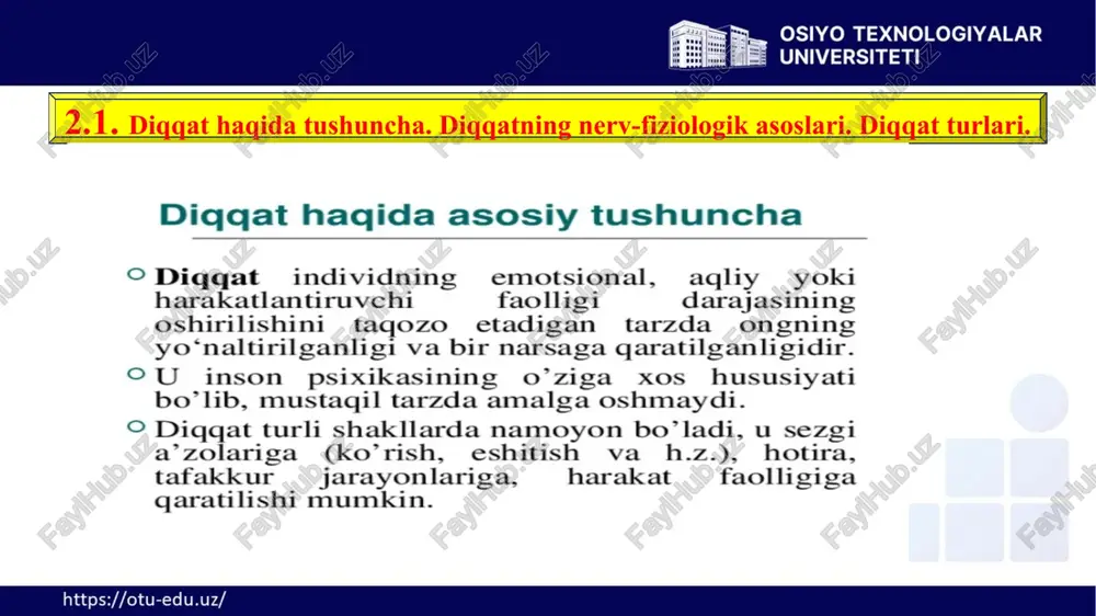 g dastlabki bosqichidir. inson atrof-muhitdagi moddalar shaklini, harakatlar ko‘rinishini, ularning xossalarini o‘ziga xos xususiyatlarini sezgi a’zolari yordamida, sezgilar orqali biladi, xolos. psixologiyada sezgilarning fiziologik asosi va mexanizmlarini analizatorlar ta’siri natijasida yuzaga keluvchi asab (nerv) jarayoni, uning tizimi, tuzilishi tashkil qiladi. 20 fiziolog va psixologlarning ta’limotlariga ko‘ra, analizator uchta tarkibiy qismlardan iborat: 1. tashqi kuch-quvvatni (energiyani) asab (nerv) jarayoniga aylantirib beruvchi periferiya qismdan, ya’ni retseptordan; 2. analizatorlarning periferiya qismini markaziy qism bilan bog‘lovchi afferent (markazga intiluvchi asab tolasi), o‘tkazuvchi asab yo‘llaridan; 3. periferiya qismlaridan keluvchi nerv impuls (harakat)lariga qayta ishlanuvchi analizatorlarning miya po‘stidagi qismlar. 21 psixologiya fanida uchta katta guruh (turkum)ga ajratilgan sezgilar (eksterioretseptiv, proprioretseptiv va interioretseptiv) o‘z navbatida quyidagi turlarga bo‘linadi: 22 ko‘rish sezgilari. inson tomonidan rang va yorug‘likni sezish ko‘rish sezgilari tarkibiga kirib, uning a’zosi – ko‘z hisoblanib, u ko‘z soqqasi va undan chiqib keladigan ko‘ruv nervlaridan tashkil topgan. eshitish sezgilari tovushlarni eshitishdan iborat bo‘lib, musiqaviy va shovqinli tovushlarni …