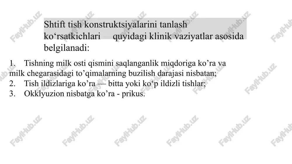 or protezni visfat-sementi yordamida og'izga taqiladi. 8. tez qotuvchi plastmassalardan foydalanish protez tayyorlashni soddalashtiradi va tezlashtiradi. bemorga protez bir marta kelganda tayyorlanadi. 9. shtift qo'yilgandan so'ng shifokor plastmassa tayyorlaydi hamda monomerdan kuyish holati kuzatilmasligi uchun izolyatsiyalanadi. shtift ustiga qo'yib qoplama shaklini modellashtiriladi. keyinchalik plastmassa qoplama va shtift bilan birga chiqarib olinadi. so'ngra og'iz tashqarisida barcha yakuniy ishlov beriladi. 10. tayyor protezni og'iz bo'shlig'ida sement yordamida fiksatsiyalanadi. richmond bo'yicha halqali shtiftli tish: suniy tish tashqi halqali va unga kavsharlangan shtiftdan iborat. halqa ildizni o'rab olib uni sinishini oldini oladi. halqa qirrasi milk cho'ntagiga 0,5 mm kirib turadi. qoplamaga qaragan tomoni esa himoya qiluvchi plastinka kavsharlangan bo'ladi. plastinka to'rsimon bo'lib teshiklarida shtift kanalga o'rnatiladi va kavsharlanadi. tayyor konstruktsiyaga qoplama tayyorlanadi va unga kavsharlanadi. qoplamani vestibulyar tomoniga forforyuza hosil qilinadi. tilla halqani taqib ko'rish qopqoqni kavsharlash shtift bilan kavsharlangan qalqop shtamplangan po'lat qalpoq tayyor shtiftli tish tayyorlash bosqichlari: 1. ildizni tayyorlash. 2. ildizni …