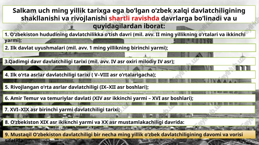 orvador aholi – toxarlar kirib kelgan. toxariylar kushonlarning avlodlari bo‘lgan. kidar ismli hukmdor boshchilik qilganligi uchun ularni kidariylar deb ham atashadi. kidariylar davlatning poytaxti balx shahri bo‘lgan eftallar v asr boshlarida o‘rta osiyo hududiga sharqdan kirib kelganlar. v asrning 20-yillaridan vi asrning 70-yillarigacha bo‘lgan davrda o‘rta osiyoda eftaliylar davlati faoliyat ko‘rsatgan. eftaliylar davlatining dastlabki poytaxti buxoro yaqinidagi poykant va varaxsha shaharlari, so‘ngra hindistondagi shakala shahri (hozirgi sialkat) bo‘lgan xuroson va movarounnahr arab xalifaligi davrida turk xoqonligi vi asr o‘rtalarida oltoy va janubiy sibirda yashagan turkiy qabilalarni birlashtirgan yangi davlat vujudga keldi. bu davlat tarixga turk xoqonligi nomi bilan kirgan. markazi oltoy bo‘lgan. davlat asoschisi 552-yilda “xoqon” deb e’lon qilingan bumin edi. turk xoqonligi vi asrning 80-yillari oxirlarida ikkiga: sharqiy turk xoqonligi va g‘arbiy turk xoqonligiga bo‘linib ketadi. g‘arbiy turk xoqonligining markaziy shaharlari: suyob (oq beshim), beshbaliq (turfan), jabg‘ukat (choch) va boshqalar muoviya i birinchi umaviy xalifa. 667-yilda arablar chag‘oniyonga hujum …