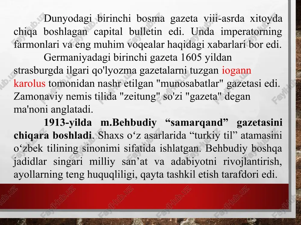 day mamlakatning milliy ommaviy axborot vositalari odatda o'z davlatlarining tashqi siyosatini qo'llab-quvvatlaydi. ommaviy axborot vositalari tezkor axborot tarqatish va universal miqyosda jamoatchilik fikriga ta'sir qilish vositasiga aylandi. yangi axborot texnologiyalari inson faoliyatining deyarli barcha sohalariga sezilarli ta'sir ko'rsatadi. buyuk britaniyadagi kundalik gazeta bo’lib, 1785 yildan beri nashr etiladi va dunyodagi eng mashhur gazetalar dan biridir.. times hozirda times newspapers limited tomonidan nashr etiladi. ko'pgina gazetalar"times" so‘zini ushbu gazetadan olganlar, masalan, amerikaning the new york times, hindistonning the times of india, janubiy koreyaning "the korea times". tayms gazetasi 1814 yil 28 noyabrdagi sonida «bugundan boshlab gazeta odam qo‘li yordamisiz soatiga 1000 nusxada bosiladi, buni mashina amalga oshiradi», degan kengaytirilgan xabar bilan chiqqan edi. the times va the sunday times gazetalari 1999 yil mart oyidan beri internetda mavjud bo'lib, ular dastlab the-times.co.uk va sunday-times.co.uk veb-saytlarda joylashtirilgan. turk gazetalari turk ommaviy axborot vositalarining tarixi usmonli imperiyasining so'nggi o'n yilliklariga borib taqaladi. birinchi turk …