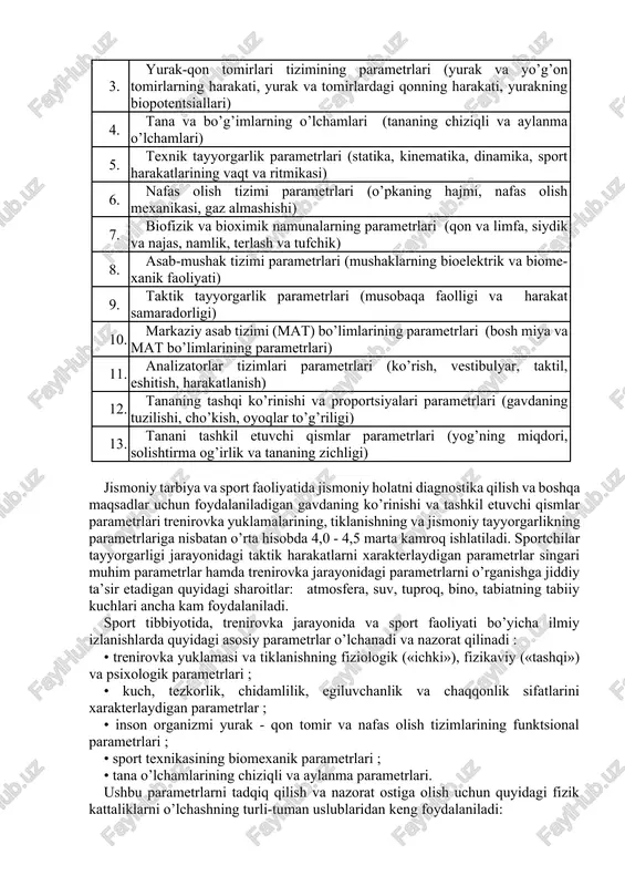 ikni aniqlash tasodiflar soni moda tasodifiy hodisalar korrelyatsiyasi jamoadagi sportchilarni tartib raqami qur’a natijalari tartib «katta» yoki «kichik» munosabat-larini aniqlash mediana rangga oid korrelyatsiya rang mezonlari gipotezalarni tekshirish musobaqalarda egallagan o’rni; ekspertlar guruhi tomonidan sportchilarni ranjirovka qilish natijalari intervallar intervallar tengligini belgilash o’rtacha arifmetik qiymat; o’rtacha kvadratik (standart) og’ish; korrelyatsiya kalendar sanalar (vaqt). bo’g’inlar tashkil etgan burchak nisbatlar nisbatlar tengligini aniqlash variatsiya koeffitsienti; o’rtacha geometrik qiymat uzunlik, kuch, massa, tezlik va shu singarilar jismoniy tarbiya va sportdagi o’lchanadigan parametrlar. sport faoliyati doirasida pedagogik, biotibbiyot, psixologik va boshqa fanlar bo’yicha mutaxassislarning ilmiy tadqiqotlarida qo’llanadigan turli-tuman pribor, anjomlar va texnikaviy qurilmalarning mavjudligi 3000 dan ortiq alohida parametrlar to’g’risida ma’lumotlar olish imkoniyatini beradi. sport faoliyati to’g’risidagi fanda, ya’ni sport-pedagogik tadqiqotlar va trenirovka jarayonini amalga oshirishda o’lchanadigan barcha parametrlar quyidagi to’rtta guruhga bo’linadilar : - organizmdagi turli tizimlar funktsional holati yig’indi (kumulyativ) samarasini aks ettiradigan integral parametrlar (masalan, sport mahorati); - sportchi organizmidagi funktsional …