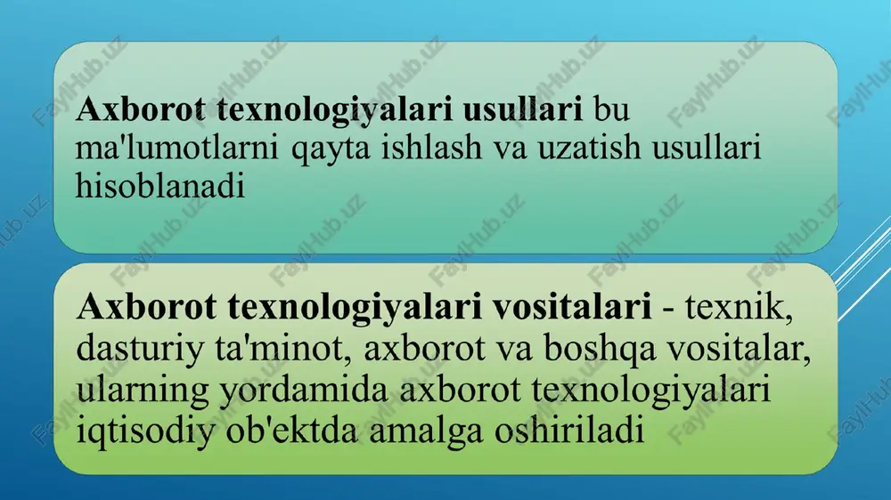 ga va x.k. chiqarish qurilmalari turi: axborotni chiqarish qurilmalari turi misol elektron chiqish moslamalari katod nurli trubkali monitor, suyuq kristalli ploskiy monitor, sensorli monitor bosib chiqarish moslamalari zarbli printer: matritsali printerlar zarbsiz printer: lazerli, purkagichli, termal printerlar boshqa moslamalar ovoz, tovush, video chiqaradigan qurilmalar monitor monitor – simvolli va grafikli axborotlarni namoyish etish qurilmasi. chiqarish qurilmasi sifatida xizmat qiladi. monitor turlari katod nurli trubkali monitorlari (monitor ekranidagi tasvir elektron avtomat tomonidan chiqarilgan elektronlar nuri yordamida hosil bo'ladi. monitor inson salomatligiga salbiy ta'sir ko'rsatishi mumkin bo'lgan yuqori statik elektr potentsiali, elektromagnit nurlanish va rentgen nurlanishini hosil qiladi); suyuq kristalli monitorlar (noutbukda va cho'ntak kompyuterlarida suyuq kristallarda tekis panelli monitorlardan foydalaniladi. lcd monitorlarining crt monitorlaridan ustunligi zararli elektromagnit nurlanish va ixchamlikning yo'qligidir ); sensorli manotorlar (ushbu turdagi monitorlar kompyuter bilan sezgir ekranda ma'lum bir joyga barmoq bilan tegib aloqa qilishadi. sensorli ekranlar zamonaviy raqamli kameralarda keng tarqalgan ) proektorlar proektorlar va ekranlar …