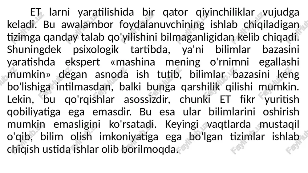 qo'llaniladi. deklarativ bilimlar har doim tobe bilimlardir. ekspert tizimlar sohasidagi tadqiqotlar shuni ko'rsatadiki, bilimlarni tasvirlash uchun qo'llaniladigan maxsus qoyidalar, semantik tarmoqlar va freymlar modellar ko'rinishida ishlatiladi. shuning uchun, bu modellarni to'laroq ko'rib chiqamiz. 1. mahsuliy (produksion) qoidalar 1970-yillarning o'rtalariga qadar, ekspert tizimlarida bilimlarni ifodalovchi mahsulot modellari keng qoilanildi. bu umumiylik ekspert tizimlarining birinchi avlodiga xos edi (masalan, dendral, mycin, ruf, rl va boshqalar). mahsuliy qoidalar bilimlarni «agar — u holda» ko'rinishda tasvirlaydi. qoidaning «agar» qismi bir qator shartlarni ifodalaydi, bu shartlar qanoatlantirilsa, qoidaning ikkinchi, ya'ni «u holda» qismidagi xulosalar mazmunga ega boiadi. buni quyidagi sxema misolida ko'rib chiqamiz. agar talabalar darsga muntazam qatnashib, darsni tinglab yoki konspekt yozib turmasa, uyda muntazam shug'ullanmasa, u holda ular 30 soat darsni zoye ketgazgan hisoblanadi. bilimlarni tasvirlaydigan tizimlar mahsuliy produksion tizimlar deb nom oldi. ekspert tizimlarining qo'llanishi bo'yicha mahsulotlarni «vaziyat-->harakat», «holat→ yechimini qabul qilish», «jo'natish — xulosa» tarzida talqin qilish mumkin. deduktiv xulosa tizimi …