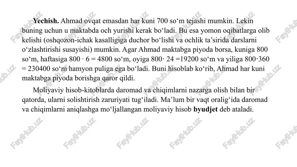 hi o‘rtacha mahsulot miqdorini aniqlang. yechish. masalada q=500000, f=400. demak, javob: har bir ishchi haftada o‘rtacha 1250 so‘mlik mahsulot ishlab chiqaradi. tayanch so‘z va iboralar mehnat unumdorligi, hosildorlik, o‘rtacha miqdorlar, absolyut va nisbiy ko‘rsatkichlar. masalalar 1. firma futbolkalar ishlab chiqarishga mo‘ljallangan. unda 5 ta ishchi ishlaydi va ularning har biri haftasiga 48 soatdan mehnat qiladi. agar firma bir haftada 400 ta futbolka ishlab chiqarsa, uning mehnat unumdorligini toping. 2. koorxonada dastlab 3 ta ishchi faoliyat yuritgan va ular soatiga 12 ta mahsulot tayyorlagan. bir yildan so‘ng firmada 6 ta ishchi ishlab, ular bir soatda 30 ta mahsulot ishlab chiqargan. firmada mehnat unumdorligi qachon yuqori bo‘lgan? 3. mebel fabrikasida 50 ta ishchi ishlaydi va ular bir oyda 2 000 000 so‘mlik mahsulot ishlab chiqaradi. agar ishchilar haftada 40 soatdan mehnat qilsa, fabrikadagi mehnat unumdorligi toping. 4. dehqon xo‘jaligida 12 gektar er bo‘lib, undan 30 tonna paxta hosili olindi. xo‘jalikdagi mehnat unumdorligini …