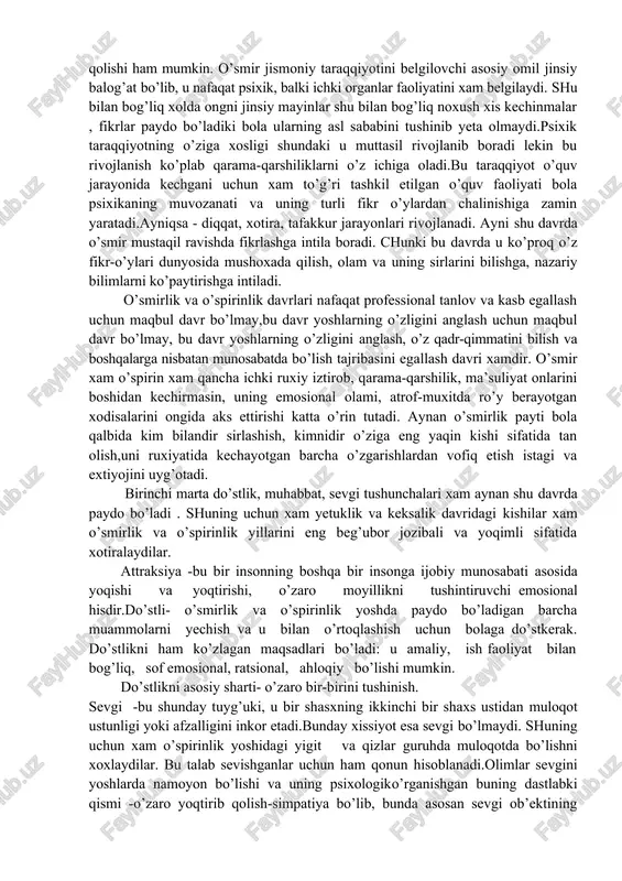 iyatdagi barcha mutaxassislarning va tarbiyachilarning harakatlari bolaning ijtimoiy adaptatsiyalanishiga qaratilgan. bolaning ijtimoiy muhitga moslashuviga to`sqinlik qiluvchi ijtimoiy-ma'naviy fazilatlarning yo`qligi hamda ularning shakllanmay qolishi ijtimoiy dezadaptsiya deb ataladi. bunday holatlarda ularning oldini olish hamda ma'lum chora-tadbirlar ishlab chiqish kerak bo`ladi. demak, bolaning jamiyatda ijtimoiy adaptatsiyalanishiga, uning ijtimoiy statusini qayta tiklashga, yo`qotilgan ijtimoiy munosabatlarni qayta tiklashga qaratilgan faoliyat turini ijtimoiy reabilitatsiya qilish deb ataladi. shaxs indivudal taraqiyotining muxim omillaridan yana biri uning yoshiga bog’liq bo’lgan xususiyatlaridir.chunki taraqqiyotining xar bir yosh bosqichi o’zining rivojlanish omillariga, qonuniyatlariga, yangiliklariga, o’zgarishlariga ega bo’lib, ular shaxsning xaraktari, temperamenti, iqdidori, bilish jarayonlariga bevosita ta’sirini o’tkazadi. yosh taraqqiyoti davrlarining xam sifat, xam miqdor o’zgarishlariga ega bo’lgan ko’rsatgichlari borki, amaliy psixologiya xar bir yosh xususiyatlarni ana shu ikkala ko’rsatgich nuqtai nazaridan o’rganishi va shaxs xulqini boshqarish va tasir ko’rsatishda ularga tayanmog’i lozim.umuman psixologiyada isbot qilingan faktlardan biri shuki, turli davrlardagi inson taraqqiyoti o’ta murakkab jarayon bo’lib, xar bir davrning o’z …