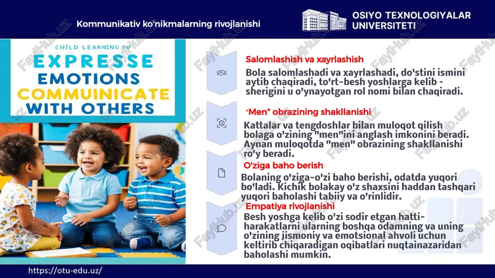 navbatida tilni o'zlashtirish darajasiga ta'sir ko'rsatadi. quvonch hissi, hayajonlanganlik bolalarning qabul qilish qobiliyatini oshiradi. pedagog nutqi maktabgacha ta'limda nutqiy muhitni rivojlantirish imkoniyatlari butunlay pedagog nutqining sifatiga bog'liq bo'ladi. 12 nutqiy tarbiyalashning asosiy sohalari atrofni anglash atrofni o'rab turgan olamdagi hodisalarni (real voqelikni) anglash va so'z bilan belgilash munosabatlarni yo'lga qo'yish atrofdagilar bilan aloqalarni va nutqiy munosabatlarni yo'lga qo'yish. tilni anglash tilni (uning ovoz tarkibini, lug'atni, grammatik qurilishini) oddiy anglash 13 mashg'ulotlarni tashkil etish mashg'ulotlarni rejalashtirish bolaning yoshi, imkoniyatini e'tiborga olish zarur vaqtni belgilash mashg'ulotning vaqti, kun tartibidagi o'rni aniq belgilanadi dastur bo'limlarini almashtirish dasturning har bir bo'limlarini to'g'ri almashtirib turish zarur 14 didaktik mashg'ulot turlari 1 yangi bilim va ko'nikmalarni hosil qiluvchi mashg'ulotlar bolalarga yangi tushunchalar, bilimlar va ko'nikmalarni o'rgatishga qaratilgan mashg'ulotlar 2 o'zlashtirilgan bilimlarni mustahkamlovchi mashg'ulotlar avval o'rganilgan bilim va ko'nikmalarni takrorlash va mustahkamlashga qaratilgan mashg'ulotlar 3 nazorat mashg'ulotlari bolalar tomonidan o'zlashtirilgan bilim va ko'nikmalarni tekshirishga qaratilgan mashg'ulotlar 4 …