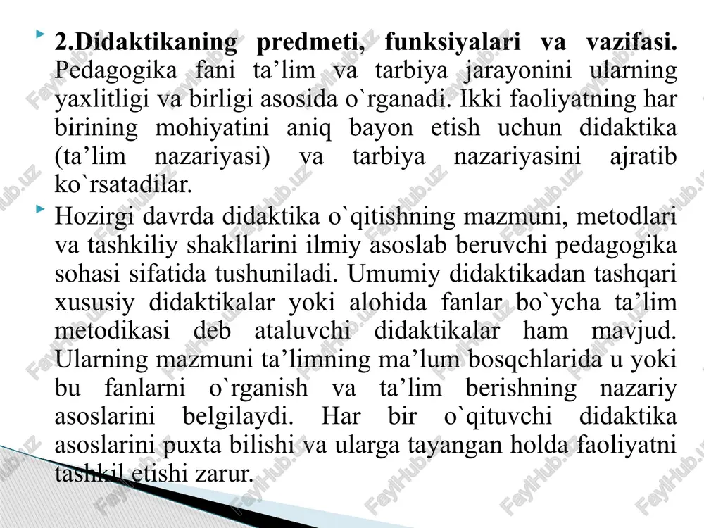 ivojlantirishga yo’naltiradi. ilmiy-texnik, texnokratik paradigmaning asosiy maqsadi amaliyotni takomillashtirish asosida talim oluvchilarga “aniq” ilmiy bilimlarni berish va ularning o’zlashtirilishini taminlashdir. bilim – kuchdir, shu bois shaxs qimmati uning o’rganish, bilim olish, imkoniyatlari bilan belgilanadi. shaxs muayyan (o’rtacha, standartlashtirilgan) bilim yoki xulq-atvor egasi bulsagina qadriyat sifatida etirof etiladi degan g’oya ushbu paradigmaning asosini tashkil etadi. 1. qadriyatli (aksiologik) yondashuv - madaniyat inson hayotining mazmuni sifatida tushuniladi. 2. faoliyatli yondashuv asosan madaniyat moddiy va ma’naviy boyliklarini yaratishga yo`naltirilgan faoliyatning sinalgan usullari sifatida talqin etiladi. 3. shaxsiy yondashuv - madaniyat muayyan shaxs timsolida namoyon bo`ladi. ayni vaqtda ta’lim paradigmalarini belgilashga nisbatan uch xil yondashuv mavjud: e’tiboringiz uchun rahmat!!! image1.jpeg /docprops/thumbnail.jpeg