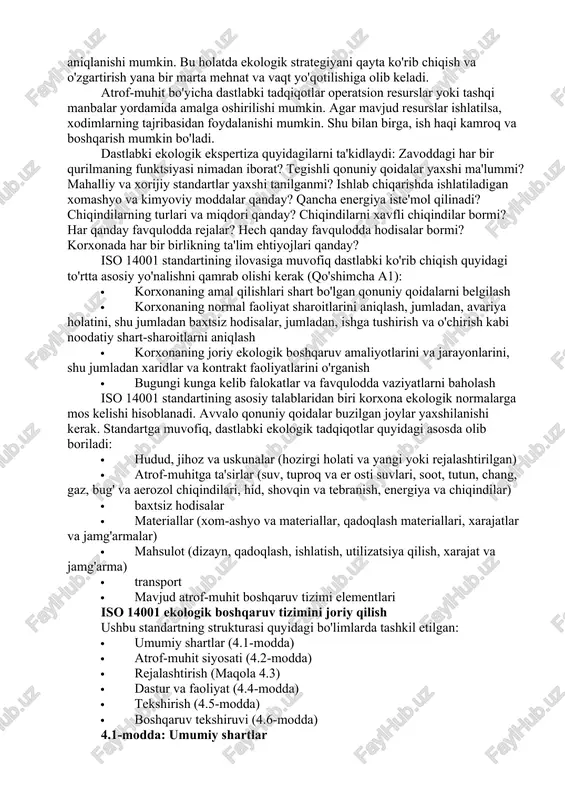 boshqarish tizimini yaratish, qabul qilish va unga rioya qilish ancha tezroq. bundan tashqari, ekologik boshqaruv tizimi uchun mavjud tizimlarning ayrim qismlarini ishlatish mumkin. atrof-muhitni boshqarish tizimini yaratish atrof-muhitni boshqarish tizimini yaratish jarayonida eng muhim qadam oliy darajadagi boshqaruvni qo'llab-quvvatlashdir. bu nuqta yuqorida qayd etilgan. yuqori rahbariyat tomonidan qabul qilinishi kerak bo'lgan ikkinchi muhim qadam ushbu tadbirlarni amalga oshirish uchun boshqaruv vakilini tayinlashdan iborat. boshqaruv vakili korxonada zaruriy vakolatlarga ega bo'lgan, korxona tuzilishi va faoliyatini biladigan, atrof-muhit haqida bilimga egaligini biladigan va kerakli treningni olgan va loyihani boshqarishda ma'lum bir malakaga ega bo'lgan shaxs bo'lishi kerak. boshqaruv vakili dastlab atrof-muhitni boshqarish bo'yicha ish rejasini va byudjetni tayyorlashi kerak. keyin u ishchi guruh tuzishi kerak. ushbu ishchi guruh korxonaning turli bo'limlarida turli lavozimlarda bo'lgan shaxslardan iborat bo'lishi kerak. ishchi guruhning asosiy vazifasi hozirgi vaziyatni aniqlash va baholashdir. iso 14001 atrof-muhitni boshqarish tizimini yaratmoqchi bo'lgan korxonalar, agar ular ushbu biznes bilan shug'ullanadigan bo'lsa, …