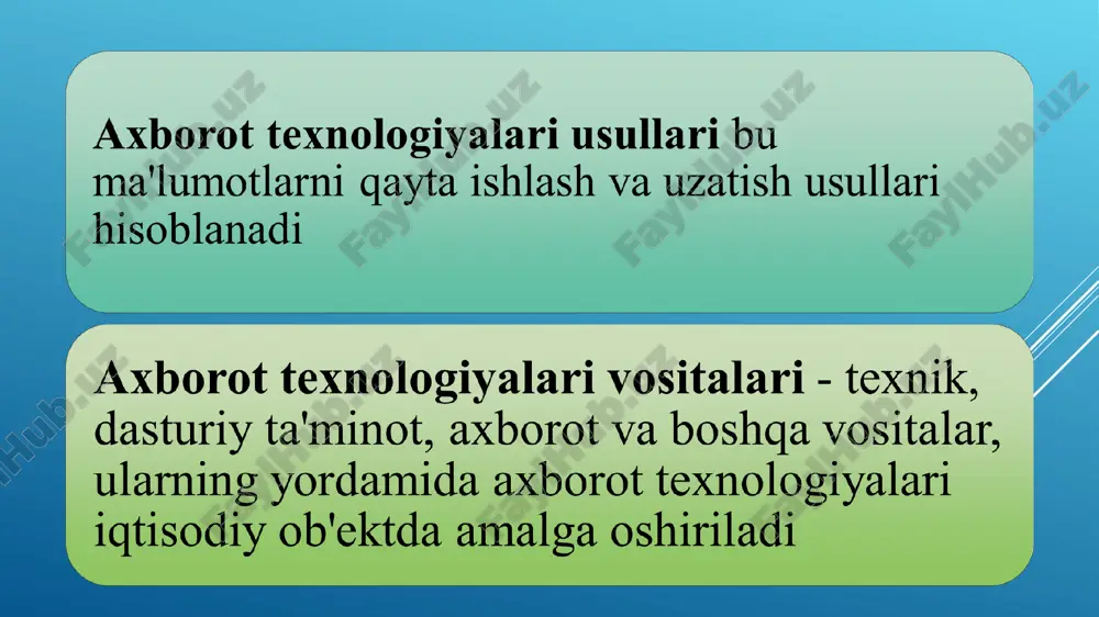 turi misol elektron chiqish moslamalari katod nurli trubkali monitor, suyuq kristalli ploskiy monitor, sensorli monitor bosib chiqarish moslamalari zarbli printer: matritsali printerlar zarbsiz printer: lazerli, purkagichli, termal printerlar boshqa moslamalar ovoz, tovush, video chiqaradigan qurilmalar monitor monitor – simvolli va grafikli axborotlarni namoyish etish qurilmasi. chiqarish qurilmasi sifatida xizmat qiladi. monitor turlari katod nurli trubkali monitorlari (monitor ekranidagi tasvir elektron avtomat tomonidan chiqarilgan elektronlar nuri yordamida hosil bo'ladi. monitor inson salomatligiga salbiy ta'sir ko'rsatishi mumkin bo'lgan yuqori statik elektr potentsiali, elektromagnit nurlanish va rentgen nurlanishini hosil qiladi); suyuq kristalli monitorlar (noutbukda va cho'ntak kompyuterlarida suyuq kristallarda tekis panelli monitorlardan foydalaniladi. lcd monitorlarining crt monitorlaridan ustunligi zararli elektromagnit nurlanish va ixchamlikning yo'qligidir ); sensorli manotorlar (ushbu turdagi monitorlar kompyuter bilan sezgir ekranda ma'lum bir joyga barmoq bilan tegib aloqa qilishadi. sensorli ekranlar zamonaviy raqamli kameralarda keng tarqalgan ) proektorlar proektorlar va ekranlar ma'lumotlarni yirik o`lchamda tasvirlash uchun ishlatiladigan qurilmalardir. unda tasvir …