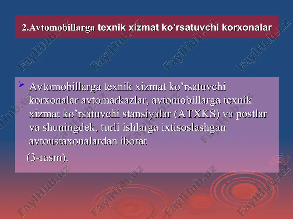 4,5. . .5,5 kishidan iborat. ba’zi mamlakatlarda, masalan aqshda, diler quvvati ularning bir yilda sotadigan avtomobillari soniga qarab belgilanadi: i- sinf diler stansiyalari 149 gacha ii- sinf 150. . .399, iii- sinf 400. . .749, iv- sinf esa 750 va undan ko’p avtomobil sotishga mo’ljallangan. avtoustaxonalar avtomobillarga texnik xizmat ko’rsatish va ta’mirlash ishlarining ayrim mexanizm, agregat yoki tizimlar bo’yicha bajarishga ixtisoslashgan kichik korxonalardir. masalan, shinalarga tx ko’rsatuvchi va ularni yamovchi yoki akkumulyatorni zaryadlovchi va ta’mirlovchi, yengil avtomobillar kuzovlari bo’yicha murakkab bo’lmagan ishlarni bajaruvchi, tiklovchi va bo’yovchi va h.k. bunday ustaxonalar shahar va qishloqlarda, yo’llar bo’ylarida joylashishi mumkin. ustaxonalarda avtomobillar kirishi uchun maxsus postlar bo’lishi shart emas ularning maydoni ham uncha katta emas (40. . .60 m2), ishlovchilar soni esa 1. . .2 kishidan iboratdir. avtoustaxonalar oilaviy, kichik biznesning aynan o’zidir. texnik xizmat ko’rsatish postlari ustaxonalardan farqli ravishda avtomobilning o’ziga xizmat ko’rsatadi va mayda ta’mirlash ishlarini bajaradi. bular ham kichik biznes …