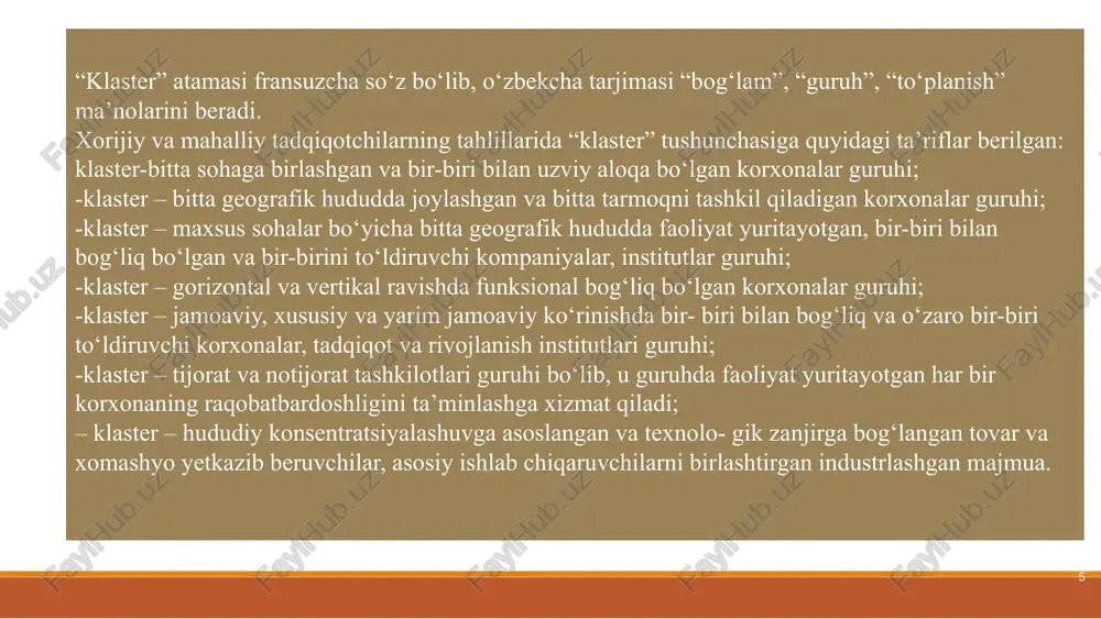 moiy-siyosiy vaziyatga qarab har xil. rahbariyat mamlakat imkoniyatlarini subyektiv baholash asosida mamlakat iqtisodiy rivojlanish yo‘nalishini belgilaydi. o‘ziga bo‘lgan ishonchning yo‘qligi maqsadlar darajasini va tashqi muhitdagi salbiy o‘zgarishlarga moslashishga urinishlarni yetarli darajada baholashga olib kelishi mumkin hodisalarni faol kutish va tashqi muhitdagi salbiy o‘zgarishlarga qarshi turish o‘rniga vaziyatni reaktiv boshqarishdan foydalanish. salbiy tashqi tendensiyalarni yengib o‘tishga bo‘lgan kuchli intilish kuch va vositalarni safarbar qilishga va belgilangan maqsadlarga erishishga, hatto vaqtinchalik notinchliklar evaziga ham bo‘lishi mumkin. sanoat siyosatini ishlab chiqishning bir nechta variantlarini ko‘rib chiqish va eng maqbulini tanlash maqbuldir. 11 hududiy raqobatbardoshlikni rivojlantirishda klasterlar quyidagilarni amalga oshirishga xizmat qiladi: − xalqaro munosabatlarni yaxshilash. klasterlar mamlakat darajasida hamda hududiy tashqi hamkorlik aloqalarini o‘rnatish va rivojlantirishga xizmat qiladi. yangi korxonalarni klasterga jalb qilish, hududiy brendni yaratish va targ‘ib qilish, turli tadbirlarni tashkil qilish hamda marketing faoliyatini rivojlantirish asosiy masalalar sifatida e’tirof etiladi; − klasterlar innovatsion faoliyatni rag‘batlantirish orqali o‘z faoliyati istiqbolini belgilaydi. chunki …
