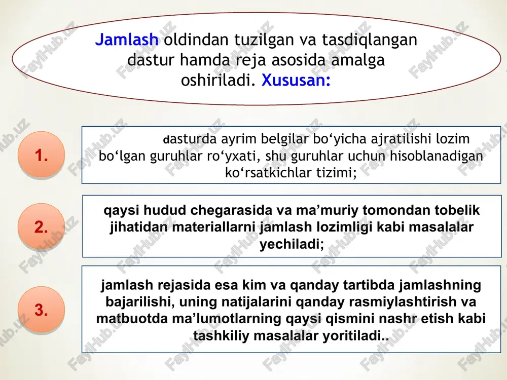 engmas shaklda, ko'payib yoki ozayib keluvchi miqdorlarda ifodalash. birinchi holda guruh oralig'i quyidagi formula yordamida aniqlanadi: bu erda: xmax - guruhlash belgisining eng katta qiymati; xmin -uning eng kichik qiymati, k-tuziladigan guruhlar soni. statistik guruhlash guruhlar oralig'i teng bo'lmagan shaklda belgilanayotganda ularni teng miqdorda birliklar bilan to'ldirish ayni muddao hisoblanadi. bu holda berilgan to'plam guruhlarga teng sonda birliklarni taqsimlash yo'li bilan ajratiladi, ya'ni m = n:k bu erda: m – har bir guruhga tegishli birliklar soni; n-umumiy to'plam birliklari soni; k-tuziladigan guruhlar soni. buning uchun dastlab to'plam birliklari guruhlash belgisining qiymatlari asosida ranjlashtiriladi, ya'ni tartib soni bo'yicha ularning qatori (ro'yxati) tuziladi, so'ngra har «m» ta birliklar sanalib, ulardan birinchi, keyin ikkinchi va h.k. guruhlar tuziladi. statistik guruhlash guruhlash turlari guruhlash statistik bog'lanishlar va qonuniyatlarni aniqlash, o'rganilayotgan to'plamning tuzilishini o'rganish va xo'jaliklarning sotsial-iqtisodiy tiplarini tasvirlash maqsadida bajariladi. uning har xil turlari va shakllari mavjud. guruhlash maqsad va vazifalariga qarab uch turga …