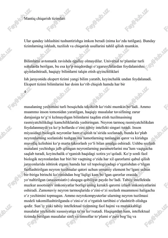 qatordagi masalalarga to‘g‘ri javob berishiga qodir bo‘ladi. matematiklar asosli ravishda ekspert tizimlarda va neyron tarmoqlarda masalalar yechish mexanizmi deyarli bir xil deb taxmin qiladilar. ammo agar neyron tarmoq holida, hatto uning sozlovchisi uning tuzilmasida o‘rgatish va o‘zini-o‘zi o‘rgatish jarayonida bilim qanday qilib shakllanishini tushunmasa (ya’ni tarmoq “qora quti”ni ifodalaydi ), u holda ekspert tizimga uning yaratuvchilari ushbu ma’lumotlarni (ma’lum rasmiyatchilikdan foydalangan holda) oldindan ma’lum shaklda kiritib qo‘yishlari lozim. 1-jadval intellektual tizimlarning afzallik va kamchiliklari intellektual tizimlar afzalligi kamchiligi neyron tarmoqlar obrazlarni farqlay olish uchun bilimlarni yaxshi o‘zlashtiradi. qanday ishlashi va qanday qilib xulosa olishi noma’lum. o‘rgatilgan tarmoqni tahlil qilish juda murakkab – bu qora quti bo‘lib, apriorli axborotni (ekspertlar bilimini) kiritish mumkin emas. mantiq chiqarish tizimlari ular qanday ishlashini tushuntirishga imkon beradi (nima ko‘zda tutilgan). bunday tizimlarning ishlash, tuzilish va chiqarish usullarini tahlil qilish mumkin. bilimlarni avtomatik ravishda egallay olmaydilar. universal to‘plamlar turli sohalarda berilgan, bu esa ko‘p miqdordagi o‘zgaruvchilardan …