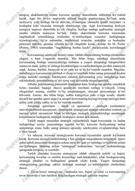 chlarning ba’zi qiymatlari - miqdoriy, farq yoki nisbat shkalasi kiritilishi maqsadga muvofiqdir. ushbu binolar asosida maqsad sohasining tipik elementlari zanjiri quyidagicha ko‘rinadi: "missiya - strategiya - maqsadlar - vazifalar". shu bilan birga, maqsad maydonining tuzilishining biroz boshqacha ko‘rinishi ma’lum bo‘lib, unda strategiya va maqsadlar o‘zgartiriladi: "missiya - maqsadlar - strategiya - maqsadlar". bu erda strategiya birinchi navbatda maqsadlarga erishishning bir usuli sifatida qaraladi. ammo ushbu yondashuv bilan maqsadlar aniqlikni yo‘qotadi va ularning missiya bilan aloqasi deyarli yo‘qoladi yoki o‘zboshimchalik bilan tanlov natijasidir. o‘z navbatida strategiya korxonani to‘liq tavsiflash uchun "maqsadlar" va "vazifalar" o‘rtasidagi o‘rin tor bo‘lib ko‘rinadi. shuning uchun, birinchi iyerarxiya mantiqiy ko‘rinadi. strategiya tushunchasini aniqlashning ikkinchi yondoshuvi individual strategik qarorlar asosida strategiyani sintez qilishga asoslangan. bu strategiya korxona faoliyatining asosiy yo‘nalishlarini tavsiflash uchun etarli bo‘lgan o‘zaro bog‘liq strategik qarorlar to‘plami sifatida belgilanadi. bu erda strategiya va missiya o‘rtasidagi munosabatlarga alohida e’tibor qaratilmaydi, ammo asosiy e’tibor strategik qarorlar tizimining to‘liqligi …