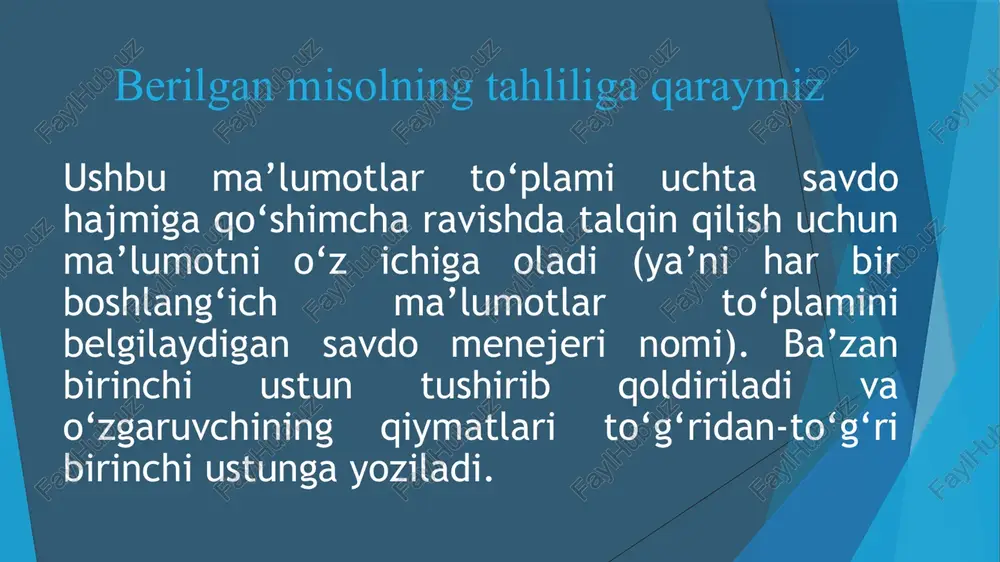 3.2.2 -jadvalda keltirilgan. ma’lumotlar qiymatining gistogrammasini (3.2.2 -rasm) va 3.2.3 - rasmdagi chiziqli grafikni solishtiring. e’tibor bering, gistogrammadagi ustunlar har bir ish haqi diapazonidagi tarmoqlar sonini ko‘rsatsa, ustunli diagramma ustunlari ushbu sohadagi haqiqiy ish haqini ko‘rsatadi. tarmoq ish haqi, ming so'm/kishi aviatsiya 6 250 avtomobil 5 000 bank ishi 5 861 kompyuterlar 5 928 maslahatlar 6 163 iste'mol tovarlari 5 906 elektronika 5 802 energetika 6 333 o'yin -kulgi industriyasi 5 500 moliyaviy xizmatlar 6 013 investitsion bank ishi 5 850 ko'chmas mulk 6 025 chakana savdo 9 330 ikkala grafik ham foydali. ma’lumotlar to‘plami nisbatan kichikroq bo‘lsa, to‘plamdagi barcha ma’lumotlarni keltirish lozim bo‘isa, ustunli diagrammadan foydalanish maqsadga muvofiq. ma’lumotlar to‘plami katta bo‘lsa, to‘plam to‘g‘risida umumiy tushunchaga ega bo‘lish uchun gistogrammadan foydalanish mos keladi. 3.2.2-rasm. boshlang‘ich ish haqi gistogrammasi. e’tibor bering, har bir satr bir nechta sohani ifodalashi mumkin (chapdagi vertikal o‘qdagi raqamga qarang). ustunlar ushbu ma`lumotlar bazasida qaysi maoshlar …