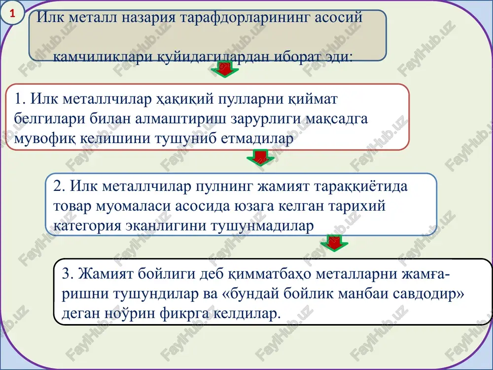 idir. bu standart i jahon urushi boshlanishiga qadar hukm surdi. belgilari 1.tovarlarning baholari faqatgina oltinda o'lchanishi. 2. oltin tanganing muomalada bo'lishi. 3. davlat xazinasi tomonidan cheklanmagan miqdorda moneta zarb qilinishi. 4. kredit pullarni ularning nominali bo'yicha oltinga erkin almashtiri-lishi. 5. oltinni olib kirish yoki olib chiqishning taqiqlanmaganligi. 6. ichki bozorda oltin moneta va banknotalar bilan birga haqiqiy qiymatga (ya'ni, to'la haqiqiy qiymatga) ega bo'lmagan chaqalar va ma'lum kursga ega bo'lgan davlat qog'oz pullarining muomalada bo'lishi. 1 2. oltin quyma standarti. ii jahon urushidan keyin, 20-yillarda ba'zi mamlakat-larda oltin quyma standarti joriy qilindi. bu standartning oltin tanga standartdan asosiy farqi shunda ediki, muomaladagi banknotalar 12-12,5 kg. atrofidagi oltin quymalarga almashtirilardi. 12,5 kg.lik quymaga banknotani almashtirish uchun angliyada 1700 ft. st., frantsiyada 215 ming fr. talab qilinar edi. bu bilan oltin muomala-dan xalqaro aylanmaga chiqarildi. ichki aylanmada esa bunday imkoniyatga faqatgina yirik firmalar va puldorlar ega bo'lib qoldilar, xolos. 3. oltin deviz …