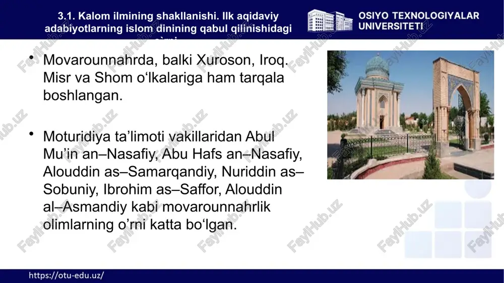 taziliyaga qarshi kurashishga bag‘ishlagan bo‘lsada, dastlab uning o‘zi mazkur ta’limot vakili bo‘lgan. mo‘‘taziliya ta’limotida ash’ariyning ustozi abu ali al–jubboiy bo‘lgan. qirq yoshida u mo‘taziliya ta’limotidan voz kechadi va bag‘dodga ko‘chib umrining oxirigacha o‘sha erda yashagan. ash’ariy muhammad ibn jarir at–tabariy, ibrohim ibn ahmad al–marvaziy, mahmud ibn dovud al–isbahoniy, abdulloh ibn ahmad ibn hanbal (v. 290/903 y.), abu mansur al–moturidiy kabi olimlar bilan bir davrda yashagan. ash’ariya ta’limoti ham ahli sunna val jamoa aqidasiga muvofiq ta’limot hisoblangan. ushbu ta’limot ham asosan mo‘taziliya, qadariya, jabariya kabi ta’limotlarning aqidaviy g‘oyalariga qarshi turgan. ash’ariya ta’limoti asosan iroqda, so‘ngra saljuqiylar hukmronligi davrida xurosonda rivojlangan. ash’ariya ta’limotiga oid abul hasan al–ash’ariyning “al–ibona an usul ad–diyana”, “maqolat al–islomiyin” kabi asarlarni misol keltirish mumkin. ash’ariya ta’limoti moturidiya ta’limoti bilan bir davrda shakllanib rivojlangan. 3.2. islom oqimlari va yo‘nalishlarining paydo bo’lishi sabablari hanafiy mazhabi asoschisi abu hanifaning asl ismi nu’mon ibn sobitdir. garchi butun dunyodagi mo'min musulmonlar orasida u …