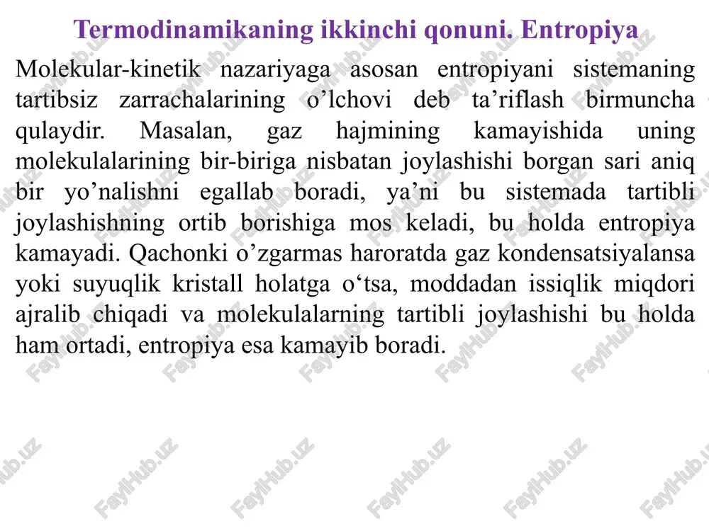 rishdan iboratdir. fonokardiogrammani yozib olish fonokardiograf yordamida amalga oshiriladi. fonendoskopning tuzilishi. 1- kovak kapsula, 2-tovushni uzatuvchi membrana, 3-rezina trubka fonokardigrafning tashqi ko’rinishi odam qulog’i eshitish va og’riq bo’sag’alari issiqlik va hayot. termometriya va kalorimetriya issiqlik yoki temperatura, tirik organizmlarning faoliyatida muhim omillardan biri hisoblanadi. xayot uchun zarur metabolik jarayonlar: xujayra bo'linishi, ferment reaksiyasi temperaturaga bog'liq. xarorat 10oc ga oshganda reaksiyalar 2 marta tezlashadi. suv – tirik organizmlarning muxim tarkibiy qismi bo'lgani uchun, unda kechadigan metabolik jarayonlar nisbatan qisqa temperaturalar oralig'ida ro'y beradi (2°c dan 120°c gacha). faqat eng oddiy tuzilgan organizmlar ushbu diapozon chegaralarida yashay oladi. katta masshtabdagi xayot tizimlari yanada tor diapozondagi temperaturalarda chegaralangan. haroratlarni o’lchash usullari va u bilan bog’liq bo’lgan masalalarni o’rganuvchi fizikaning amaliy sohasiga termometriya deyiladi. ma’lumki, harorat bevosita o’lchanishi mumkin emas. uni aniqlash uchun harorat shkalasini belgilab olish: termometrik moddani va harorat bilan bog’lanuvchi fizik xossani (termometrik xossani) tanlash, sanoq boshi nuqtasini va harorat birligi …