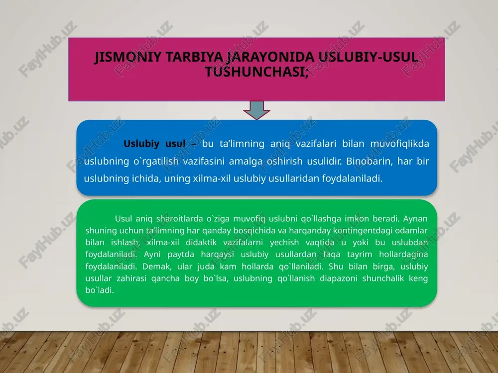 ishda; dam olish oraliqlarini qat’iyt artibga solish va ularni belgilangan tartibda yuklama bilan navbatlashda. shug’ullanuvchilarning faoliyati shunday tartiblashtiriladiki, bunda yangi malaka va ko`nikmalarni egallash uchun optimal sharoit yaratish yoki muayyan fazilat va qobiliyatlarni o`stirish uchun yo`naltirilgan, ko`proq tanlangan ta’sir ta’minlanadi. harakatlarni dastlabki o`zlashtirish va keyin yanada takomillashtirishning xususiyatlariga qarab mashq uslublari har xils haklda bo`ladi. musobaqa uslubiga tavsif; jismoniy tarbiya sohasida musobaqalashish usuli mashg’ulot o`tkazish jarayonida ham, mustaqil o`yin shaklida ham qo`llaniladi. musobaqa uslubi musobaqalarga xos bo`lgan ko`p ginabelgilarga ega. musobaqa o`yin kabi keng tarqalgan ijtimoiy hodisalarqa toriga kiradi. musobaqa ishlab chiqarish faoliyatida, san’atda, sportda va hayotning xilma-xil sohalarida faoliyatni tashkil etish va qo`llab-quvvatlash usuli sifatida muhim ahamiyat kasb etadi. musobaqalashish usulini birmuncha ravshan tavsiflovchi xususiyat birinchilik yoki yuksak natijaga erishish uchun kurashda kuchlarni sinashdir. musobaqa uslubining xarakterli belgilariga tavsif; 1. oldindan belgilab qo‘yilgan qoidalar bilan muvofiqlikda, barcha faoliyatning u yoki bu harakatda g‘alaba qozonish vazifasiga bo‘ysundirilishi. 2. yuqori sport …