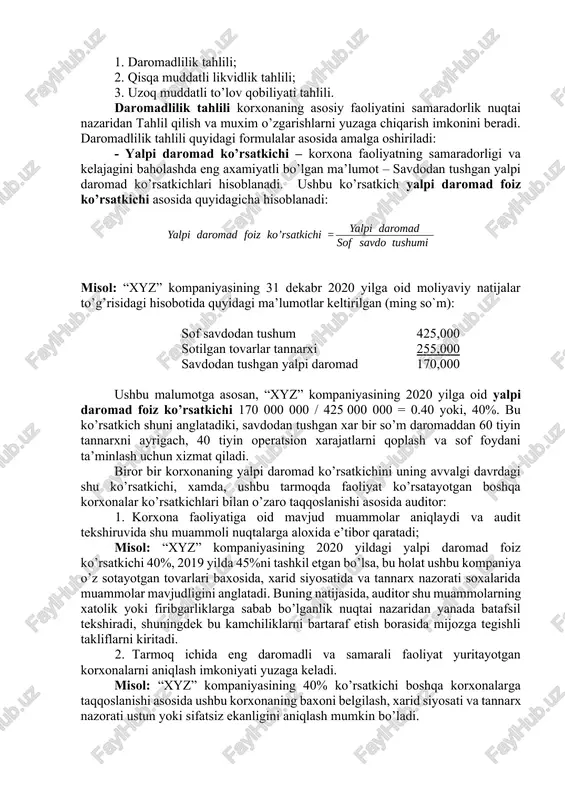 hun korxonalar o’z auditorlarini o’zgartirsalar, buning sababini ko’rsatuvchi maxsus hujjat to’ldiradilar. ammo avvalgi auditor bilan munosabatlar xam o’z-o’zidan bo’lavermaydi. chunki, auditor tekshiruv o’tkazish jarayonida mijoz haqida olgan ma’lumotni shu mijozning ruxsatisiz uchinchi tarafga e’lon qilishi auditorlik etikasiga zid amaliyotdir. shu sabab, keyingi auditor mijozdan, avvalgi auditorga o’zi bilan muloqot qilishi uchun ijozat olib berishi lozim. bunday ijozatni ola olmagan holda, keyingi auditor tekshiruvni o’tkazish masalasini chuqur o’ylab ko’rishi kerak bo’ladi. keyingi auditor uchun mijoz haqida qo’shimcha qimmatli ma’lumotni boshqa uchinchi shaxslar xam taqdim etishlari mumkin. misol uchun, mijozning moliyaviy tarixiga oid ma’lumotni mijoz banki, mijozning yuridik tarixi va xozirgi holati haqidagi ma’lumotni mijoz yuristlari berishlari mumkin. mijoz moliyaviy hisobotlarining xaqqoniy ma’lumotlarni aks ettirishi yuzasidan o’z professional fikrini bildirishdan avval auditor shu mijozning faoliyati bilan yaqindan tanishishi lozim. bunda auditor mijozning tashkiliy tuzilmasi, xisob siyosati, ustav kapitali, ishlab chiqariladigan maxsulotlar, ko’rsatiladigan xizmatlar, ishlab chiqarish uslublari va boshqa elementlar yuzasidan batafsil ma’lumot …