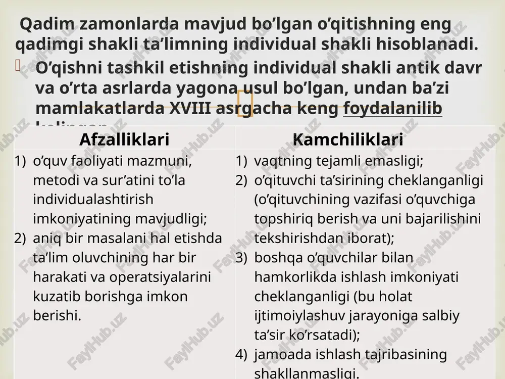 , qiziqish va qobiliyatlari, bilimdonlik darajasi, o’quv materialining xususiyati, uning amaliy ahamiyati, dars tuzilishi, yangi axborotni o’zlashtirish, mustahkamlash va tizimlashtirish, bilim, ko’nikma va malakalarini nazorat qilish hamda tuzatish kabi holatlar namoyon bo’ladi. bashoratlashda bo’lajak darsni tashkil etilishining turli varianlarini baholash va ulardan qabul qilingan mezonlarga muvofiq eng ma’qulini tanlab olish. loyihalashtirish va rejalashtirishda o’quvchilarning o’quv faoliyatini boshqarish dasturini yaratish bo’lib, u darsga tayyorlanishning yakuniy bosqichi hisoblanadi. loyiha (boshqarish dasturi) qisqa va aniq, erkin tuzilgan, pedagog o’zi uchun boshqarish jarayoni muhim vaziyatlari (kimdan va qachon so’rash, qaerda mavzuni kiritish, mashg’ulot keyingi bosqichiga qanday o’tish, oldindan ko’zda tutilmagan qiyinchiliklar yuzaga kelganida jarayonni qaysi sxema bo’yicha qayta o’zgartirish)ni belgilab olishga imkon beruvchi hujjatdir.  3. 6.ta’limni tashkil etishning yordamchi shakllari. ta’limning yordamchi shakllari: to’garak, konferentsiya, maslahat (konsultatsiya), fakultativ mashg’ulot, o’quv ekskursiyalari, o’quvchilarning mustaqil uy ishlari va boshqalar sanaladi. maktabdan tashqari mashg’ulotlarning asosiy va barqaror turlariga o’qish jarayonining tarkibiy qismi sifatida qaraladigan, o’quvchilarning mustaqil …