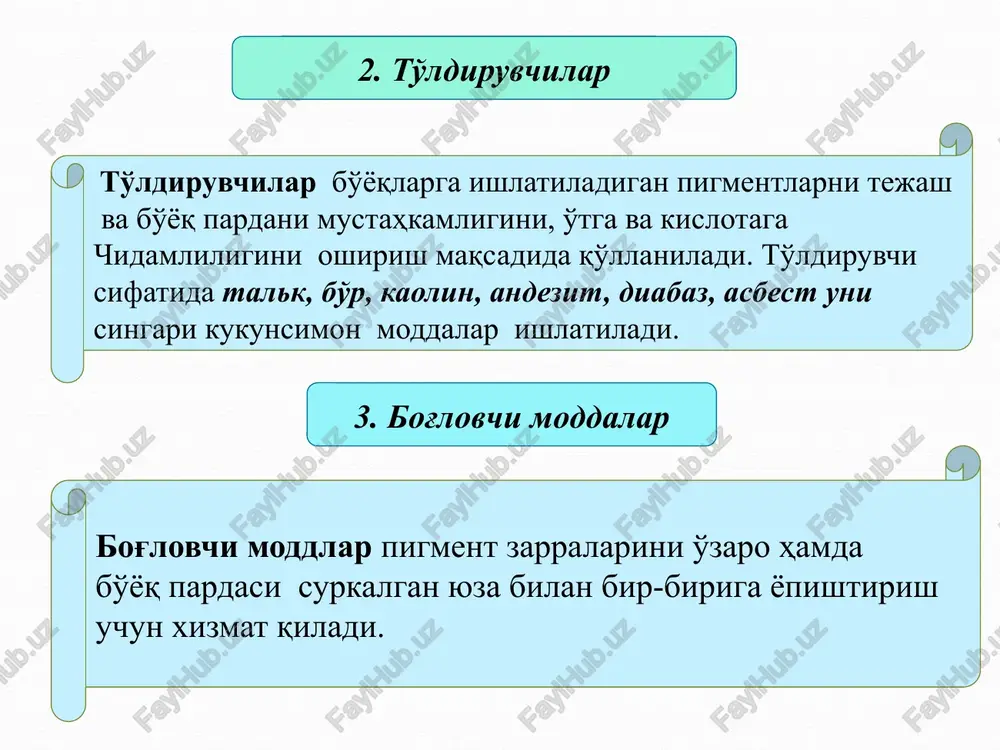 dan tashqi va ichki beton, g'isht suvoq, yog'och va metallni bo'yashda foydalaniladi. polimertsement bo'yoqlar - oq portlandtsement, pigmentlar va to'ldirgichlar aralashmasi bo'lib, u kerakli suyuqlikkacha perxlorvinil yoki polivinilatsetat emulsiyada eritib qoriladi. bu bo'yoqlar binolarning ichki va tashkarisini istalgan asos, xatto nam asos bo'yicha bo'yash uchun ishlatiladi. uchuvchi smolali bo'yoqlar — pigmentlarning laklardagi (uchuvchi smolali tarkiblardagi) suspenziyasidir. bu bo'yoqlar odatda emallar deb ataladi. uchuvchi eritgichni bug'lanishi natijasida bo'yoq pardasi tez quriydi va mustahkam, suvga chidamli, havo hamda bug' o'tkazmaydigan qoplam hosil qiladi, qoplam suvoq beton g'isht va yog'och bilan yaxshi tishlashadi. qurilishda perxlorvinil, efirotsellyuloza va boshqa uchuvchi smolali bo'yoqlardan foydalaniladi. perxlorvinil bo'yoqlar qurilishga tayyor holda etqazib beriladi va bo'yaladigan yuzaga bo'yoq purkagich yoki valik vositasida surtiladi. bu bo'yoqlar yuqori darajada suvga chidamliligi hamda ximiyaviy chidamliligi bilan farqlanadilar. perxlorvinil bo'yoqlar bino fasadlarini bo'yash uchun keng ko'lamda ishlatiladi. bo'yoqlarni quyosh nuridan himoyalangan xonalarda, zich qilib yopilgan tarada saqlash lozim. efirotselllyulozali bo'yoqlar nitrogriftal nitrotsellyuloza …
