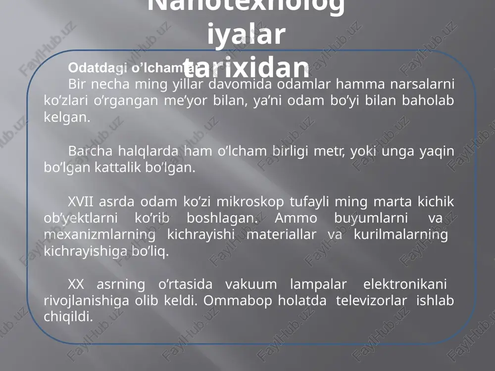 g uchun ular filtrlarda g’ovakli material sifatida keng qo’llaniladi. nanonaylar yuqori sig’imli kondensatorlarda elektrodlar sifatida qo’llaniladi. uglerodli annonaylar olmosli yupqa parda sifatida o’zini tajribalarda juda yaxshi ko’rsatgan. elektron mikroskop yordamida nanonaylar ustida bajarilgan suratlar juda sifatli chiqadi. nanonaylarning kichik o’lchamlari, ishlab chiqarish sharoitlariga mos holda o’zgaradigan elektro’tkazuvchanligi, mexanik mustahkamligi, kim’yoviy barqarorligi kabi xusussiyatlari ularni mikroelektronika kelajagi uchun asos bo’ladigan element sifatida ko’rish mumkin. nanonaylarning ichiga boshqa moddalarni qo’yish va tashqi muhitdan ximoyalash masalalri ham juda katta iqtisodiy samara berishi mumkin grafen modifikatsiyasi. 5. grafen — uglerodning qalinligi bir atomga teng bo’lgan yassi allotropik grafen nazariyasi 1947 yilda f. wollas tomonidan ishlab chiqilgan. grafenni o’zi 2004 yilda tajribalar natijasida olingan va uning xossalari o’rganib borilgan. mustahkam material bu nafaqat eng yupqa material u eng material (po’latdan 200 marta mustahkam), va elektr o’tkazzuvchanligi ham eng yuqori material. zamonaviy kompyuter chiplarning asosiy muammosi – ularni quvvatini qizib ketmasdan oshirish. grafen tranzistorlar bu muammoni …