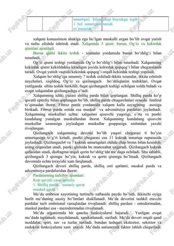 joylashgan. tishning markazida pulpa joylashgan. pulpa siyrak tolali biriktiruvchi to’qimadan iborat bo’lib, pulpada qon tomirlar va nervlar joylashgan. tish bo’yinchasi va ildizi sement moddasidan iborat. og‘iz bo‘shlig‘ida kichik sulak bezlari va 3 katta sulak bezlari tafovut qilinadi. katta sulak bezlarga quloq osti bezi, til osti bezi va jag’ osti bezlari kiradi. sulak bezlari tuzilish jixatdan murakkab alveolalar - naysimon bezlar guruxiga kiradi. alveolalar - bu sekret moddalar ishlab chiqaruvchi oxirgi bo’limlar. naychalar bu chiqaruv naylar bo’lib, bular orqali ishlab chiqarilgan maxsulot-sekret xarakatlanib, og‘iz bo‘shlig‘iga chiqariladi. uchta bezning sekreti qo’shilib sulakni xosil qiladi. bezlar ishlab chiqargan sekret tarkibiga ko’ra seroz, shilliq moddalar ishlab chiqaruvchi bezlar va aralash bezlarga bo’linadi. quloq osti bezi – og’irligi 25-30 gr, pastki chegarasi pastki jag’ning burchagidan boshlanib, tashki quloqning oldigacha etib boradi. bezning markazi nayi lunj muskulini teshib o’tib, og‘iz bo‘shlig‘ida yuqori jag’dagi ikkinchi katta oziq tilar qarshisida ochiladi. quloq osti bezi oqsili tarkibiga ega bo’lgan …