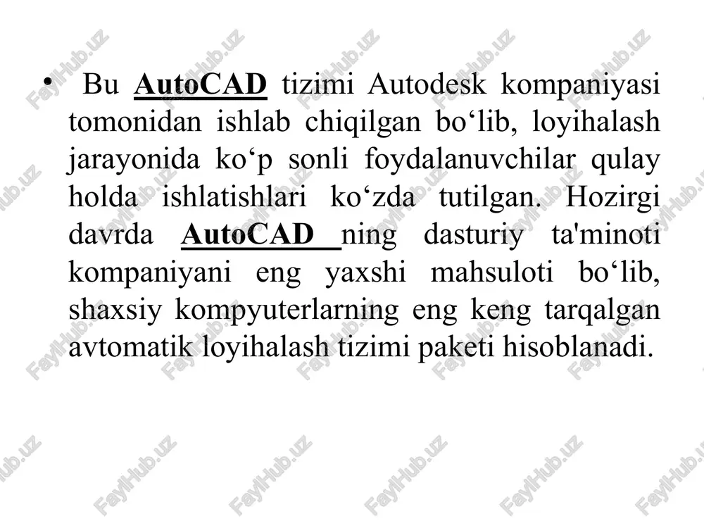 imida tanlangan qog‘ozning vertikal (knijnaya) yoki gorizontal (albomnaya) holatida joylashishi tanlanadi. povernut bayroqchasi qo‘yish bilan chizmani chop etish oxiridan boshlanadi. - pechataemaya oblast bo‘limida chop etish uchun soha tanlanadi. u yerda 4 holdan biri tanlanadi. granitsi – chop etish qurilmasi ruxsat etgan chegara bo‘yicha listdagi barcha ob’yektlar chizmasini chop etadi. ekran – chizmaning ekranda ko‘ringan qismini chop etadi. ramka – bu usul tanlanganda sichqoncha bilan ekranda chop etila­digan to‘rtburchak soha ko‘rstilishi talab qilinadi. soha diagonal bo‘yicha ikki chekka nuqtalarini ko‘rsatish orqali tanlanadi. ko‘rsatilgan soha chop etiladi. list – listda joylashgan barcha chizma chop etiladi. model qatidan chop etish paytida list o‘rniga limit (chizishi chegarasi) da joylashgan barcha chizma chop etiladi. - smeshenie ot nachalo bo‘limida qog‘oz pastki chap burchagidan tanlangan sohani x va y yo‘nalishi bo‘yicha necha mm ga siljitib chop qilish ko‘rsatiladi. sentrirovat tanlansa, chizmani qog‘oz o‘rtasiga joylashtirib beradi. - masshtab pechati bo‘limida chop etiladigan sohani qog‘ozga joylashtirish uchun …