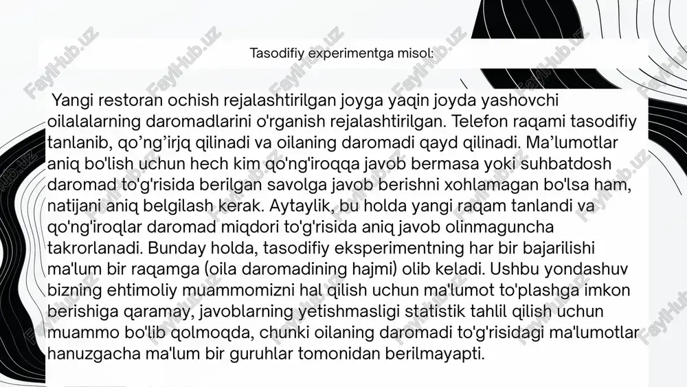 xsus ehtimollik taqsimotlari bilan tanishamiz. ehtimollikning nazariy qiymati ehtimollikning nazariy qiymati ehtimollikni sub'yektiv baholash ehtimollikni sub'yektiv baholash ma'lum bir shaxsning muayyan hodisa to’g’risidagi ehtimoli haqidagi fikriga asoslanadi. bu yondashuv ilmiy tuyulishi mumkin bo’lmasada, u tez-tez (ya'ni, nisbiy chastotalardan foydalanish imkoniyati bo’lmasa) va tegishli nazariyasi bo'lmasa (ya'ni, ehtimollikning nazariy qiymatini hisoblash mumkin bo’lmasa) oldingi tajriba mavjud bo’lmasa, amalga oshirilishi mumkin bo'lgan eng yaxshi usul hisoblanadi. ehtimolni sub'yektiv baholashga asoslangan yondashuv sifatini yaxshilash yo'llaridan biri bu sohada mutaxassisning fikridan foydalanishdir. misol uchun, siz raqobatchi firmalarning birlashishi muvaffaqiyatli bo'lishi mumkinligini bank investitsiyalari bo'yicha mutaxassisning yoki energetika sohasidagi yangi texnologik yondashuvning texnik jihatdan amalga oshirilishi haqidagi fikrni baholash uchun muhandisning fikridan foydalanishingiz mumkin. bir necha voqealar haqidagi ma'lumolarni qanday birlashtirish mumkin ehtimollarni tushunish ikkita katta ustunlik beradi. birinchidan, hodisaning haqiqatga mosligini aniq ehtimollik bilan baholash va tegishli tasodifiy eksperimentni aniqlash. bu tushinish qiyin bo’lgan, noaniq vaziyatni tushunish uchun katta qadamdir. ikkinchi afzallik, voqealar kombinatsiyalarini …